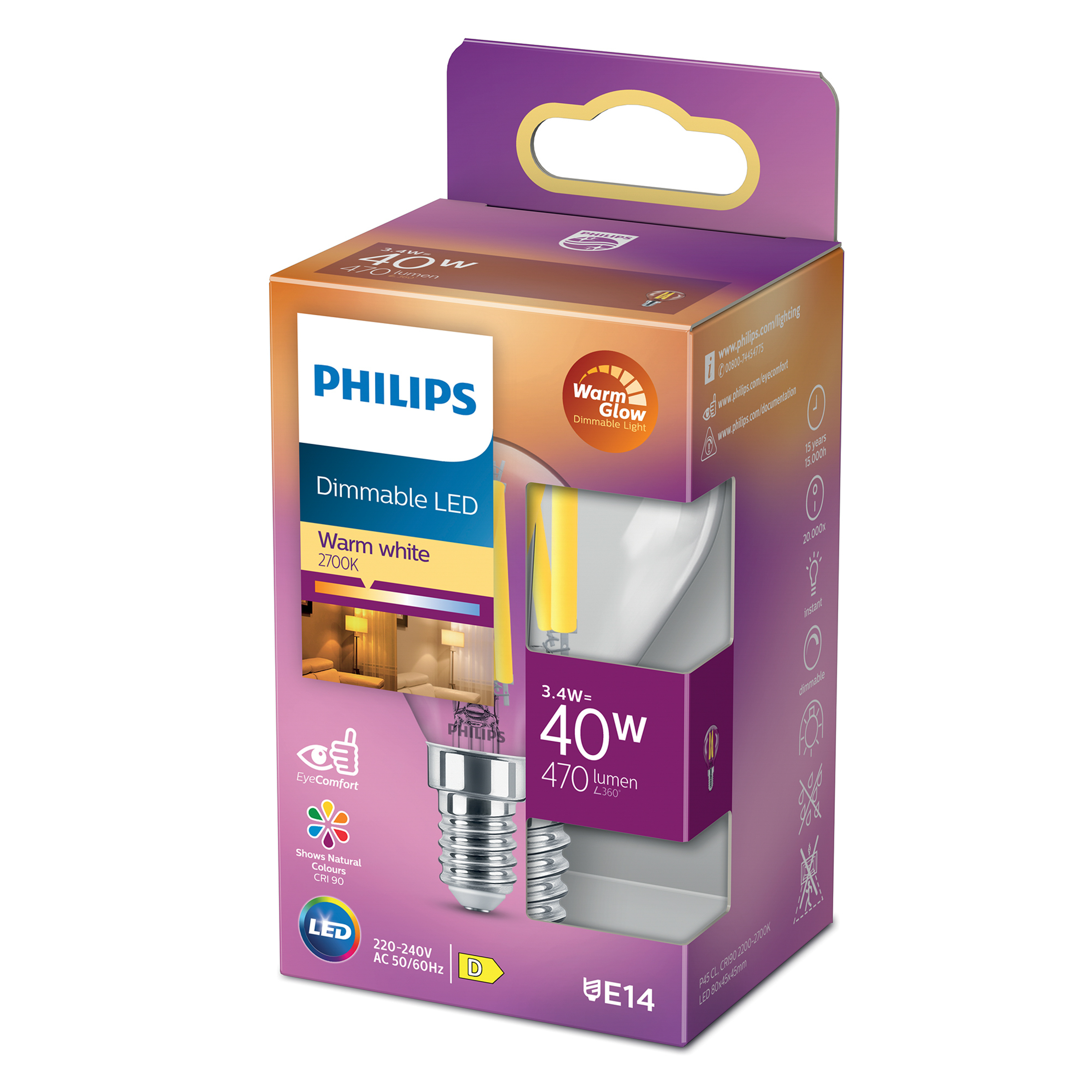Scatola lampadina LED Philips. Mostra la lampadina, 40W, 470 lumen, luce bianca calda.