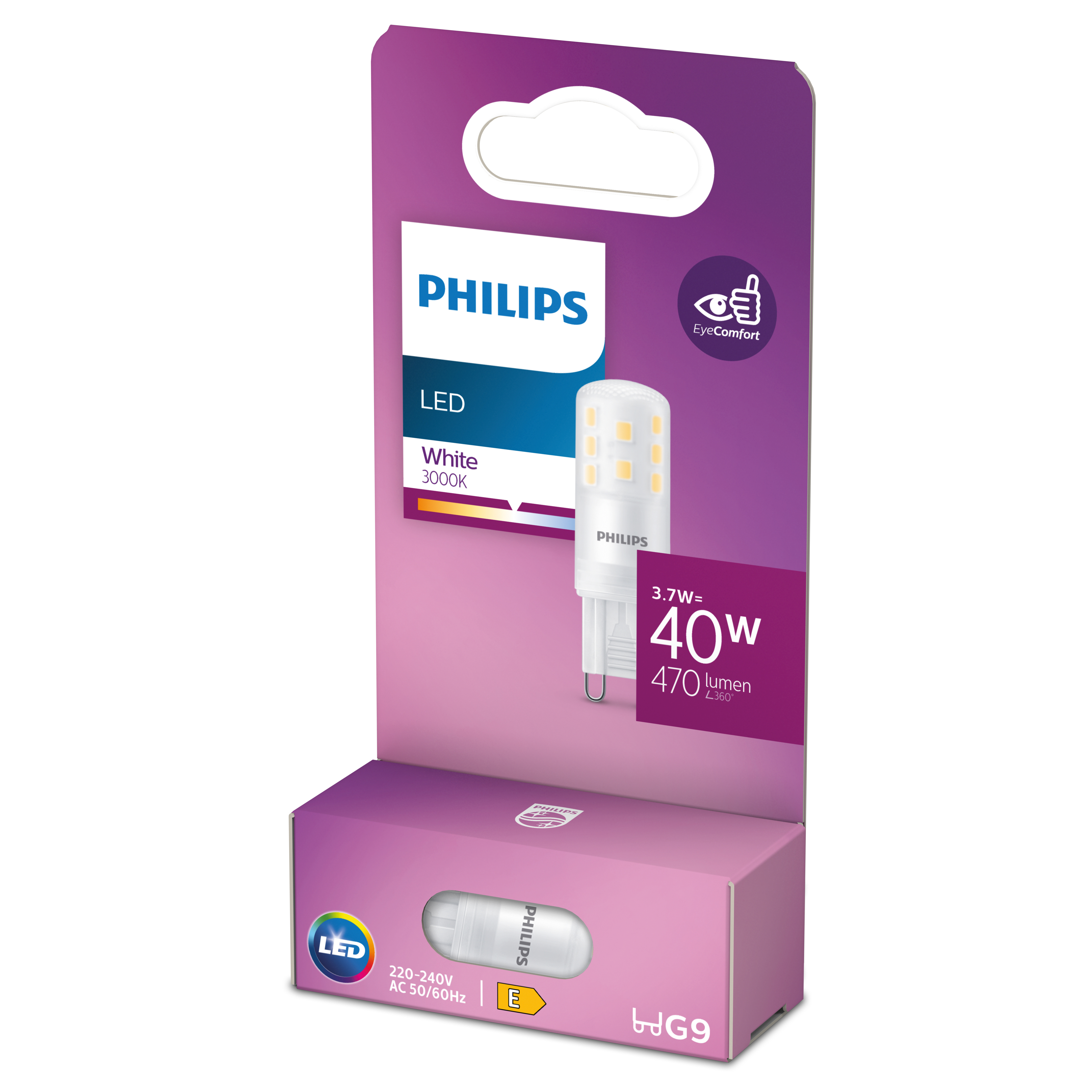 Lampadina LED Philips in confezione. Bianca, 3000K, 3,7W=40W, attacco G9. EyeComfort.