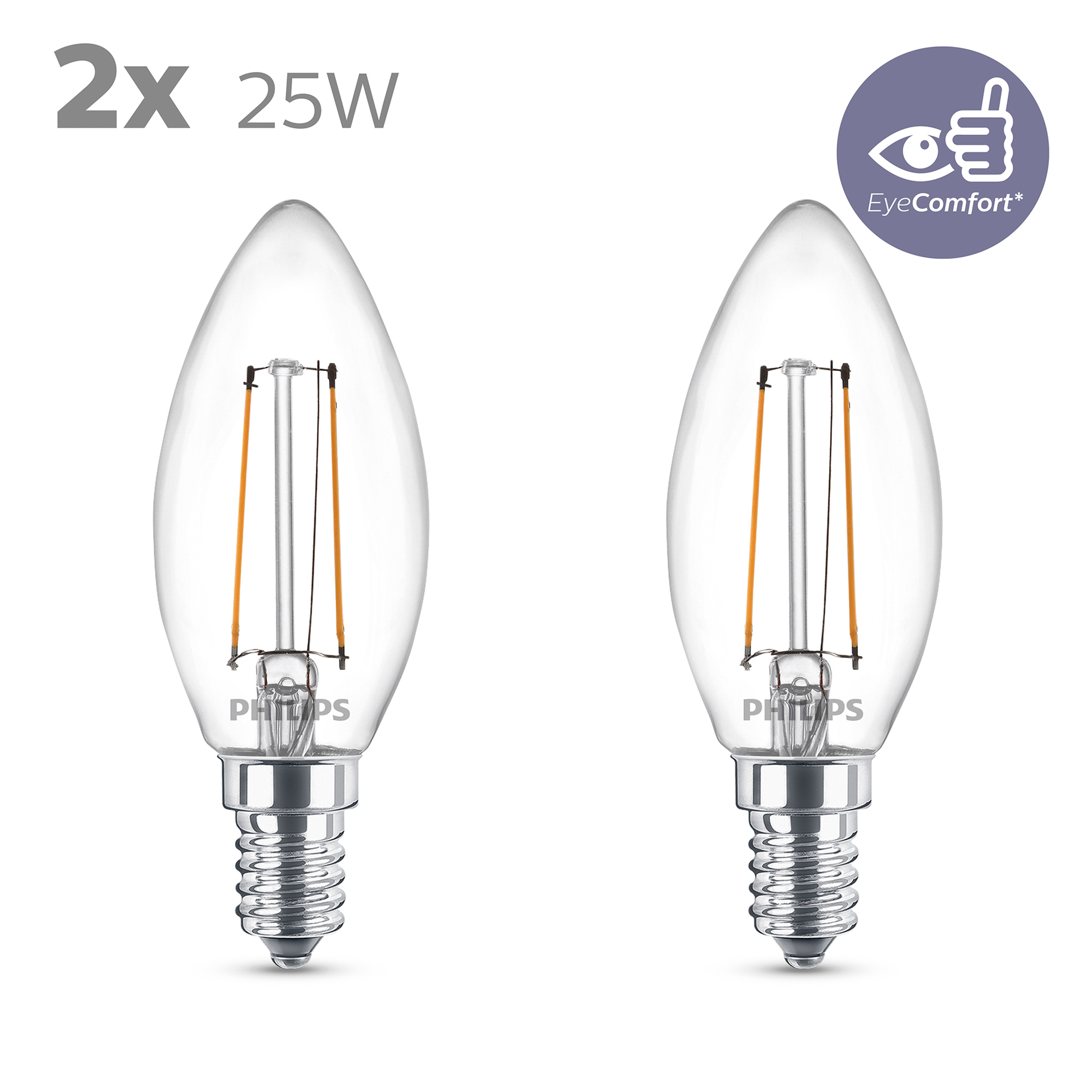 Deux ampoules LED transparentes, sur fond blanc. Elles ont la forme de bougies.