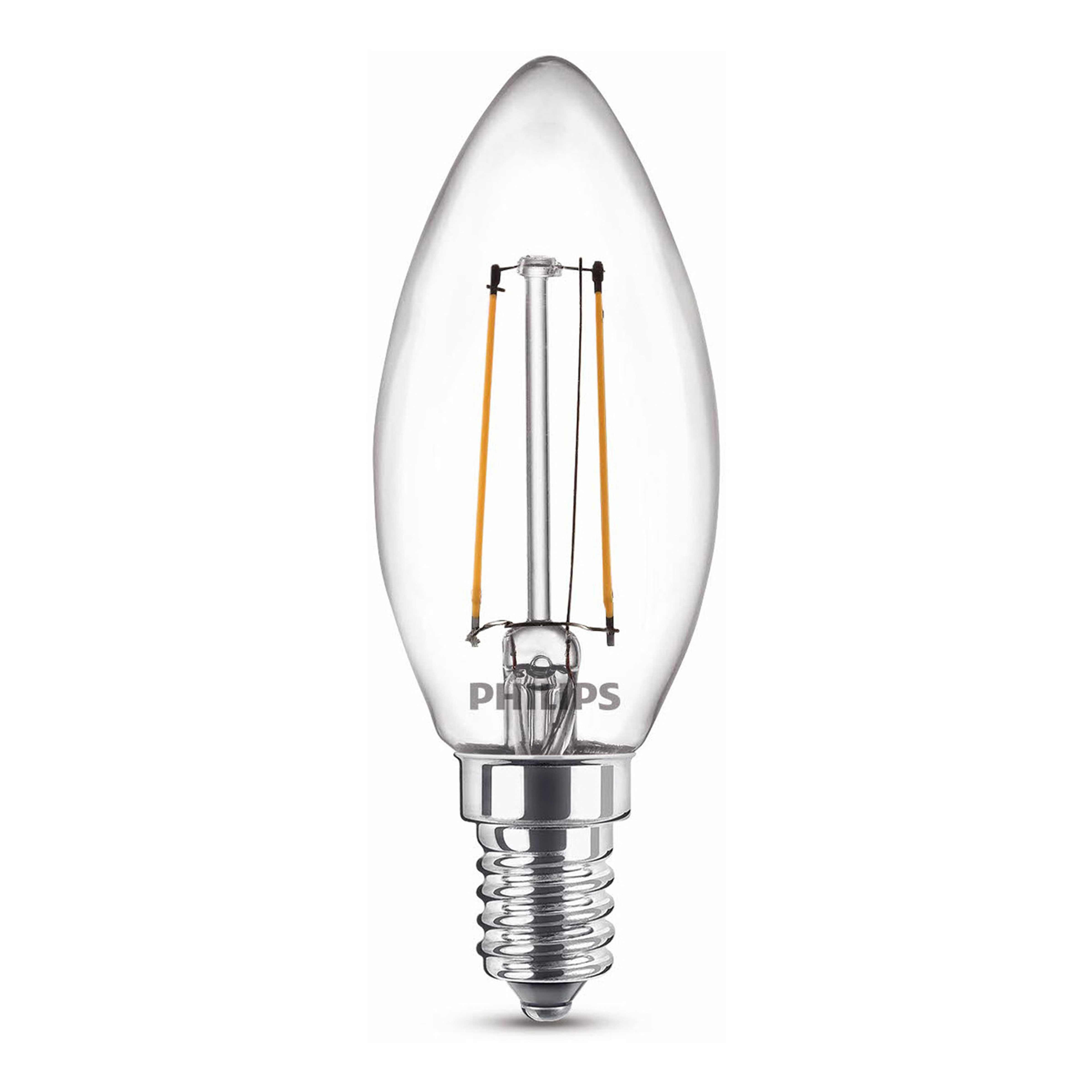 Ampoule transparente en forme de goutte d'eau avec deux filaments. Base argentée et fond blanc.