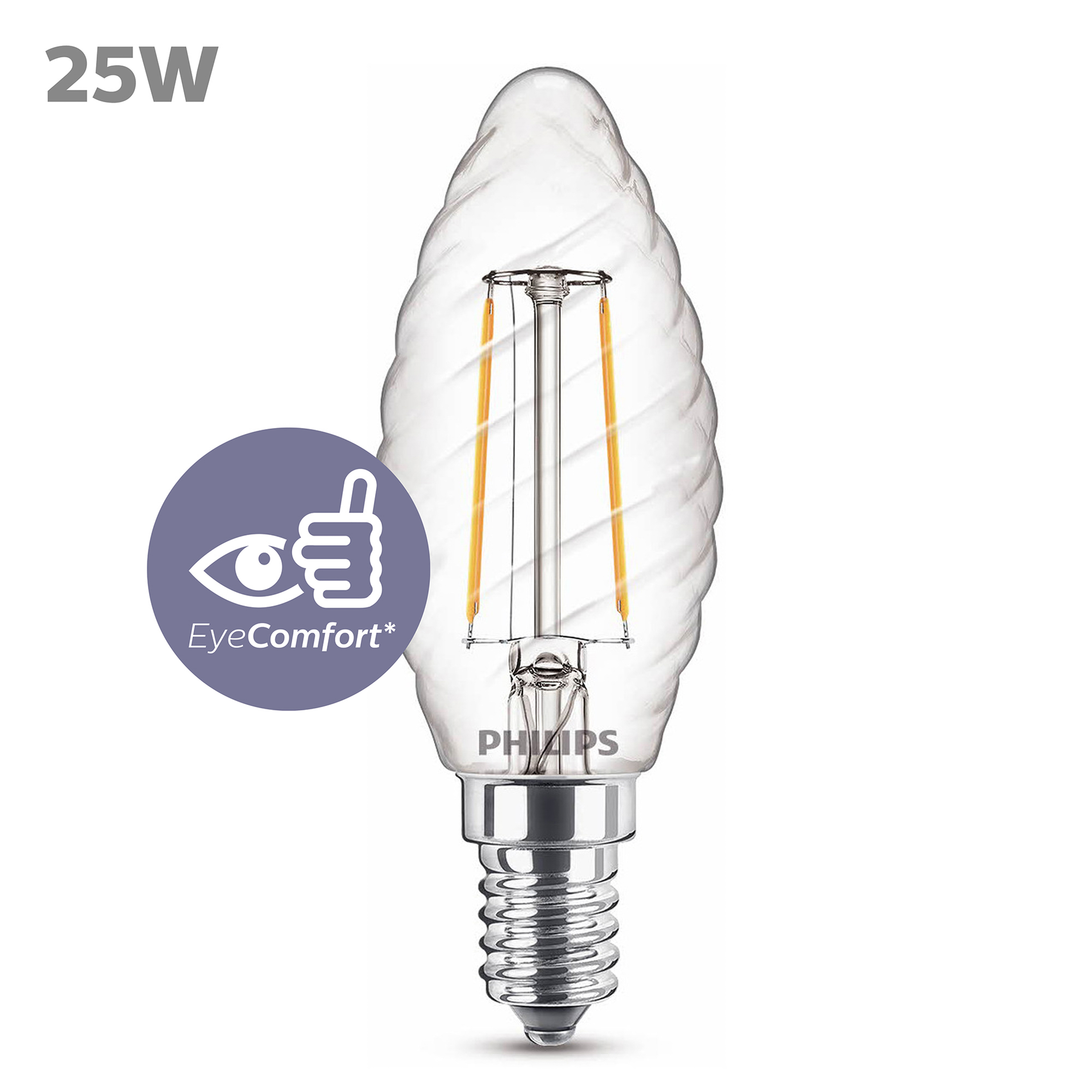 Une ampoule en verre transparent avec une base argentée. L'ampoule a une forme de bougie et une étiquette 25W.