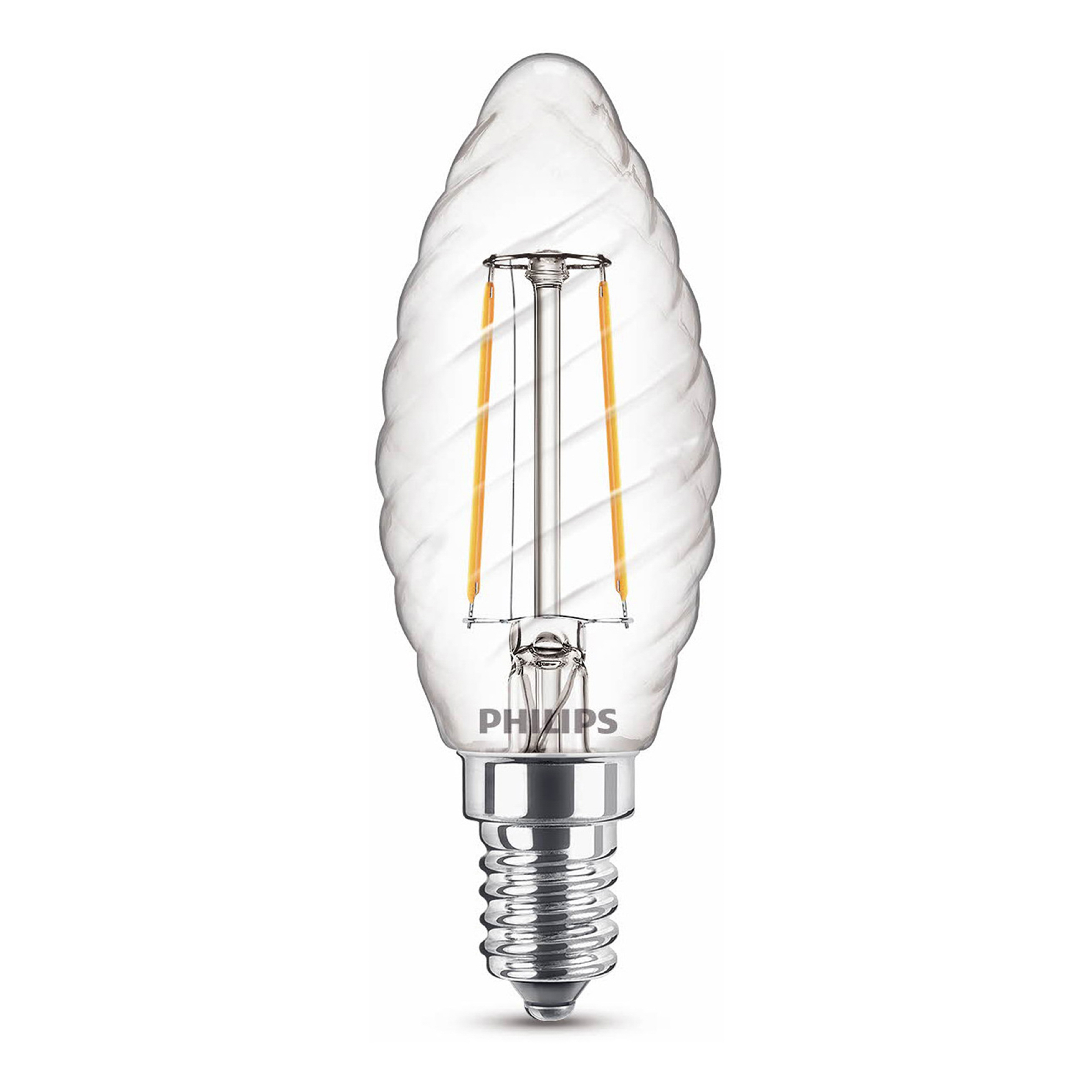 Une ampoule transparente en spirale avec culot Edison et deux filaments internes.