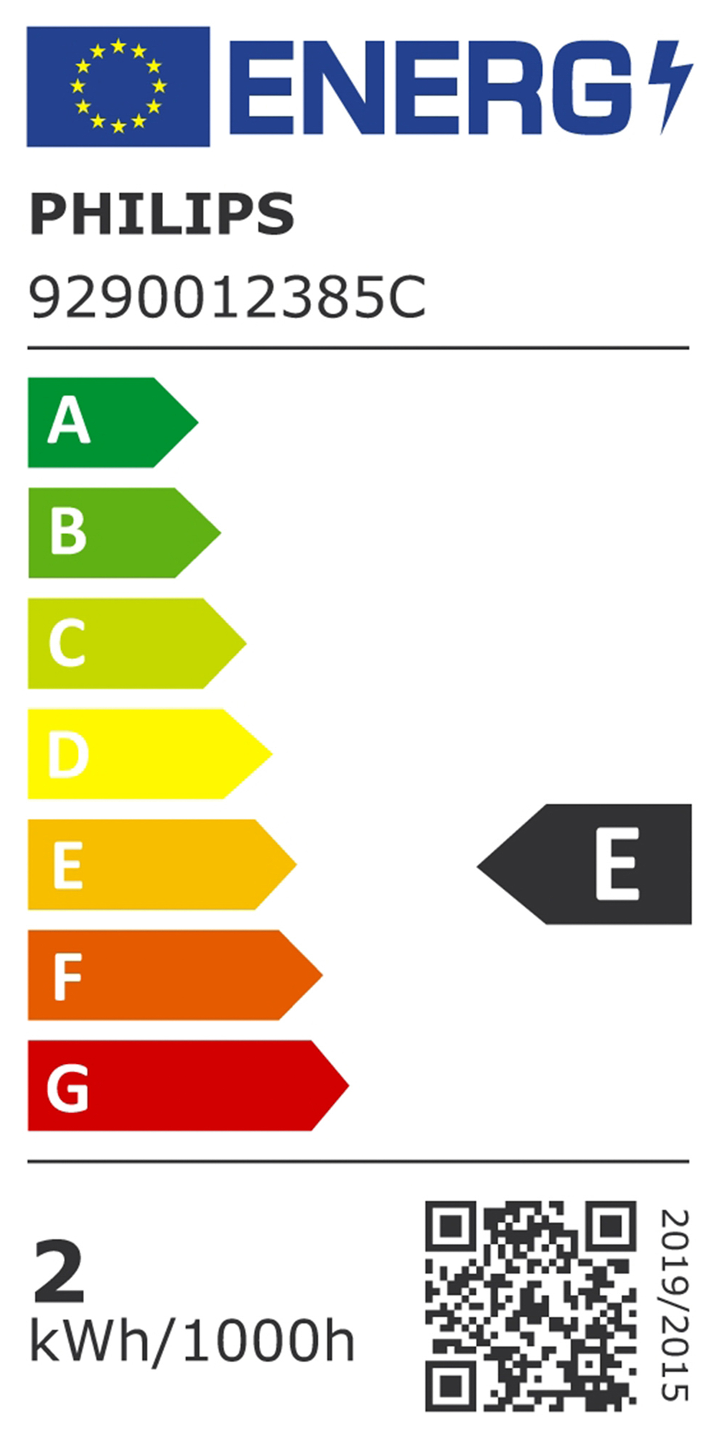 Étiquette énergétique Philips. Affiche une note E. Comprend un code QR et d'autres détails.