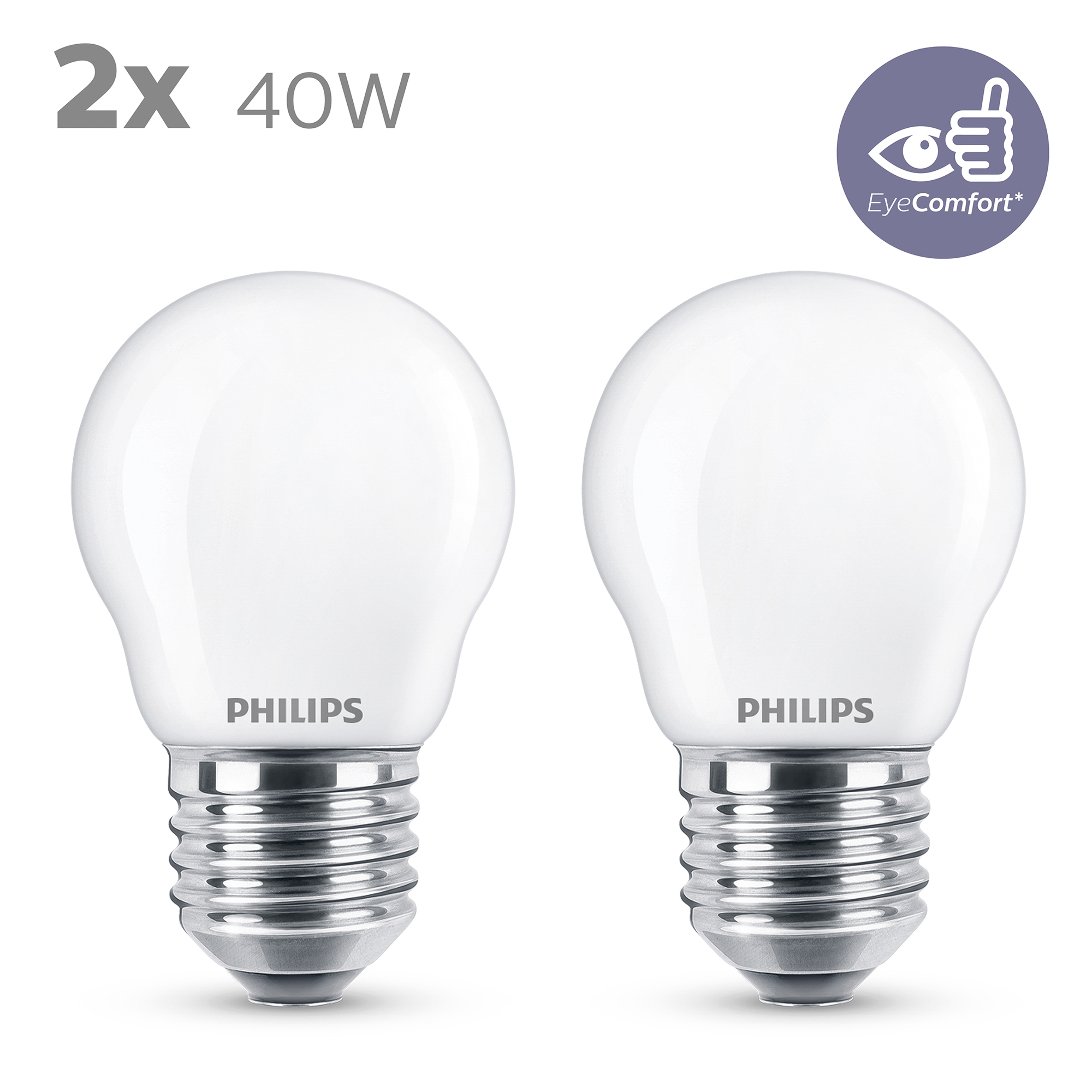 Deux ampoules Philips blanches, 40W, avec le logo EyeComfort.