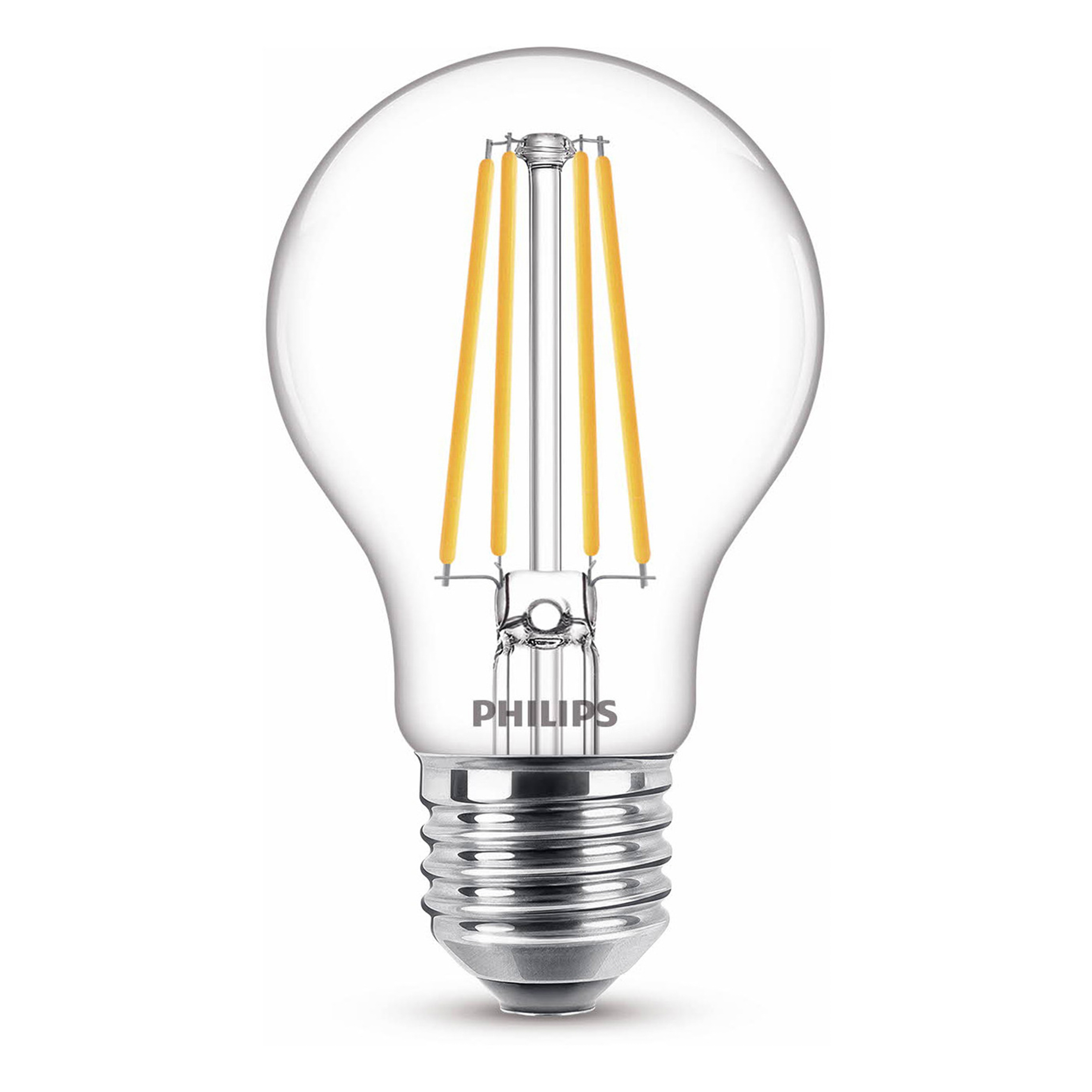 Ampoule en verre transparent avec filaments orange verticaux, base argentée, fond blanc.