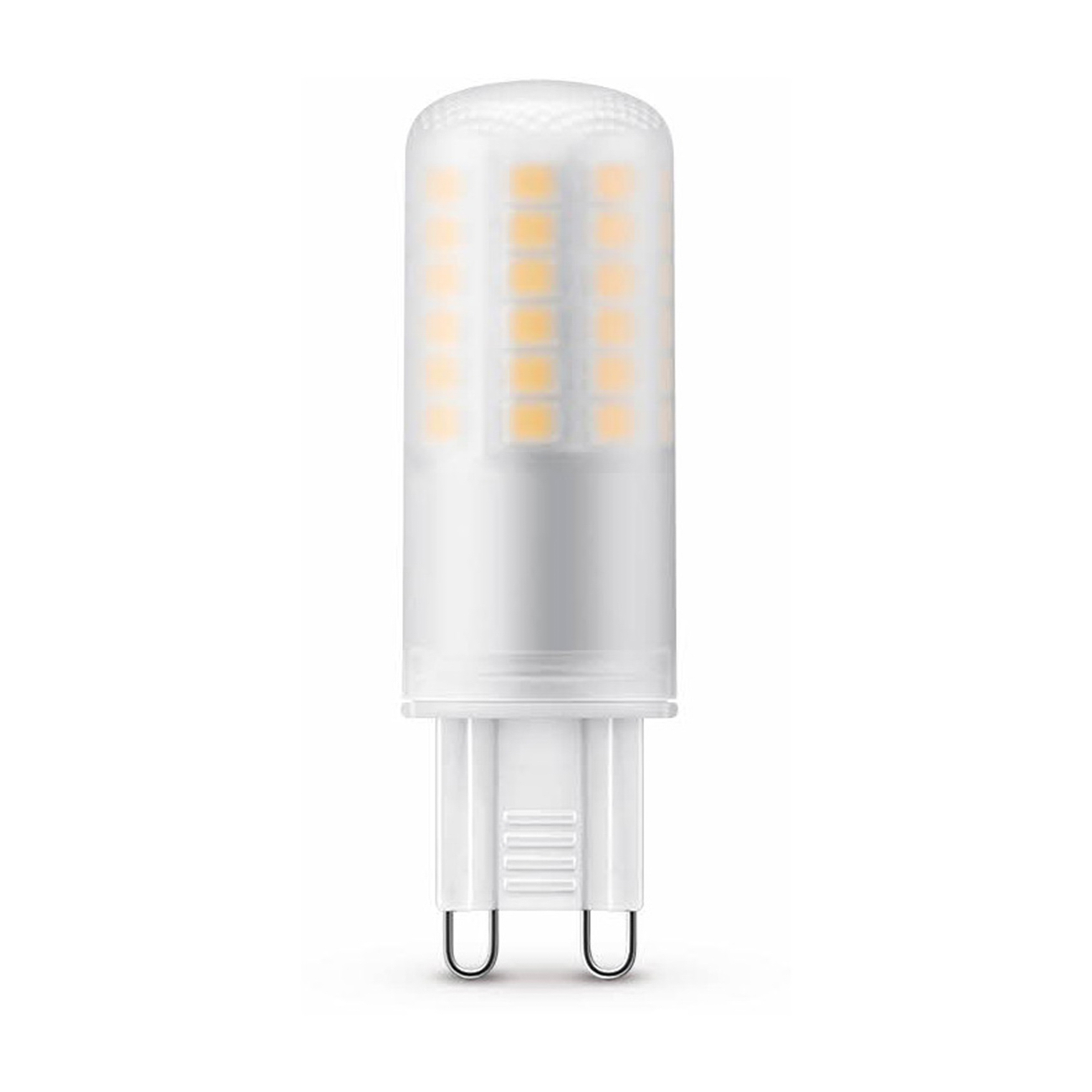 Une ampoule blanche avec un corps transparent et deux broches métalliques en bas.