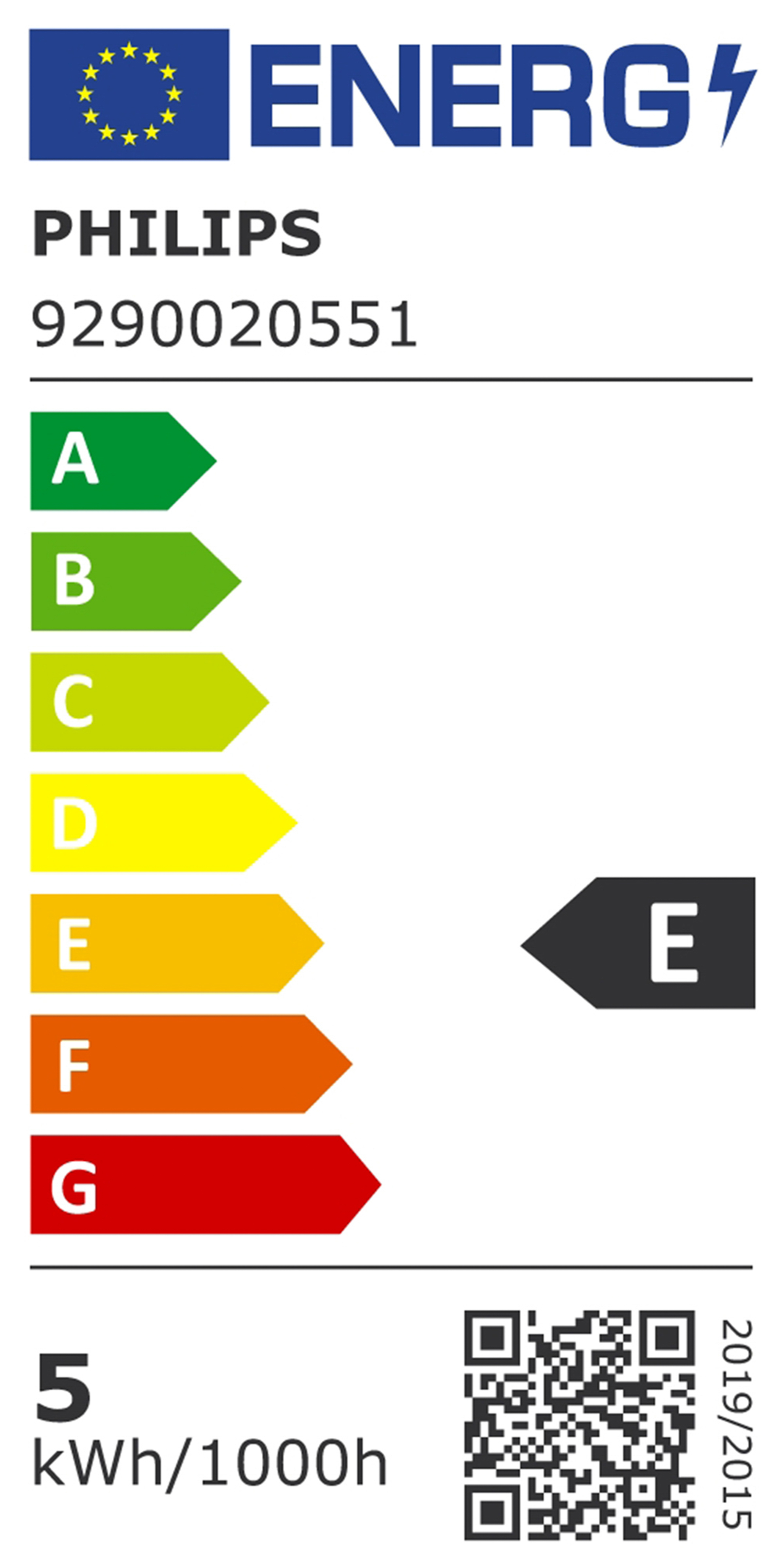 Étiquette énergétique. Barres vertes à rouges, E en surbrillance. Logo Philips.