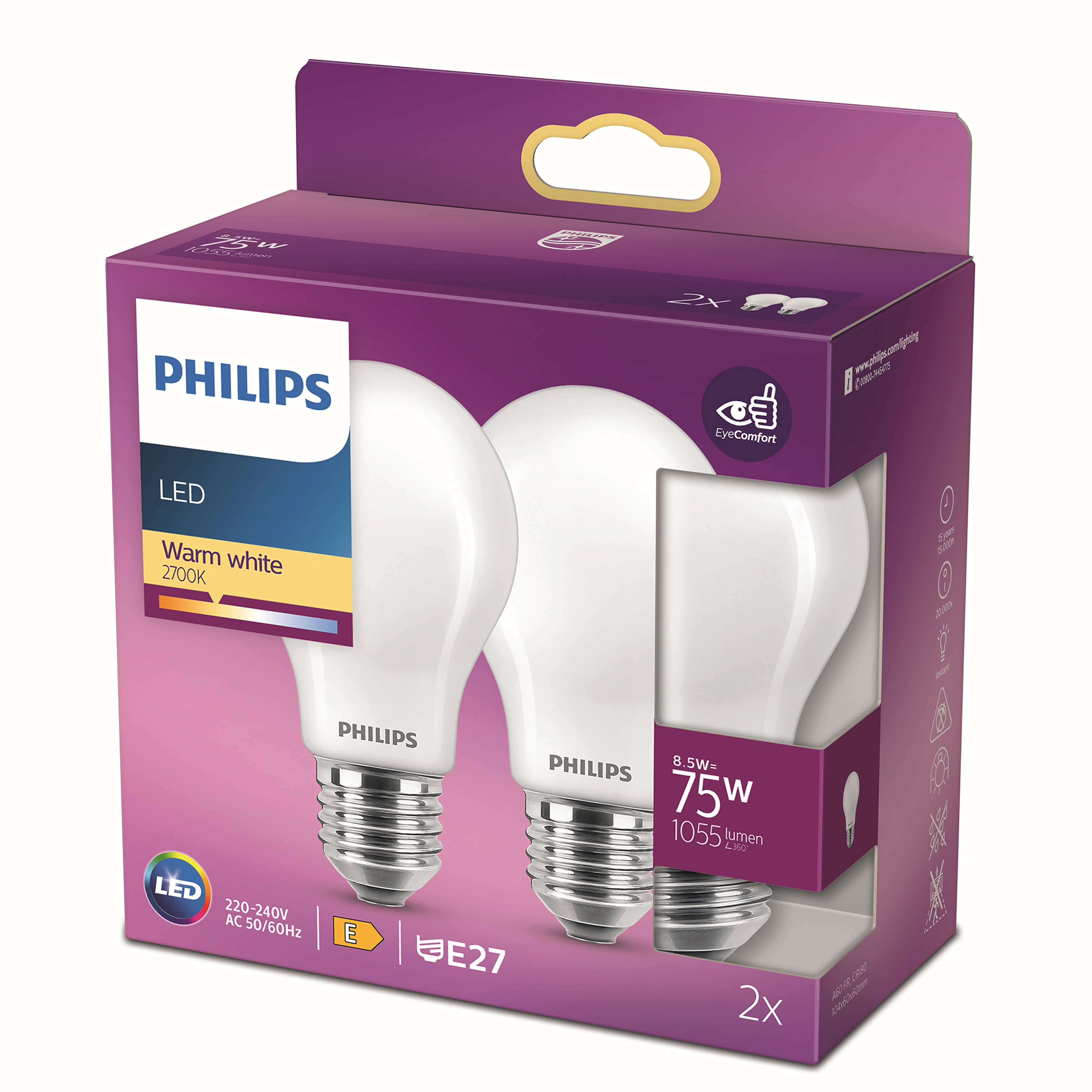 Una scatola di lampadine LED Philips. Mostra due lampadine. La scatola indica 75W, 2700K e 1055 lumen.