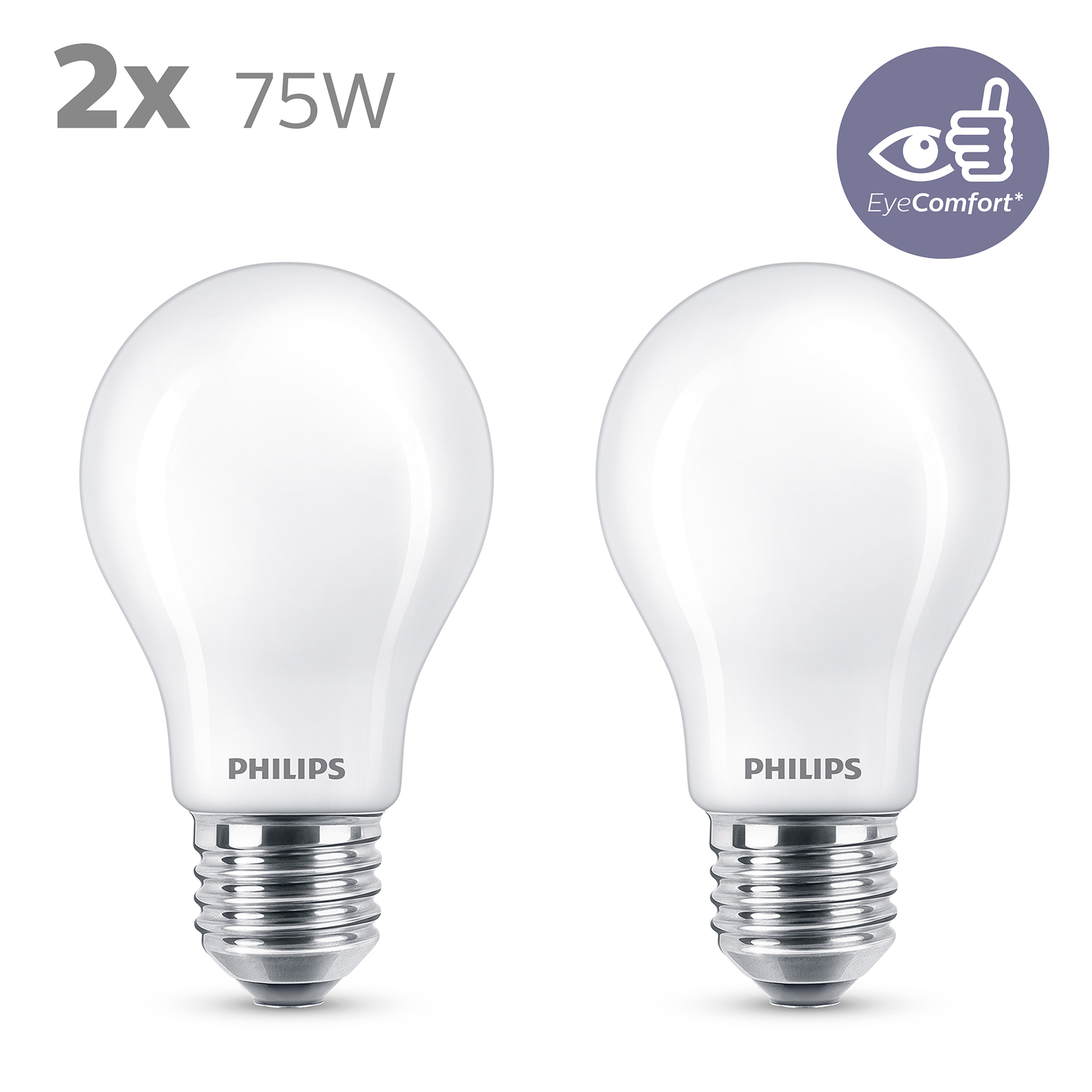 Due lampadine bianche Philips con basi argentate. In alto 2x 75W e un simbolo blu EyeComfort.