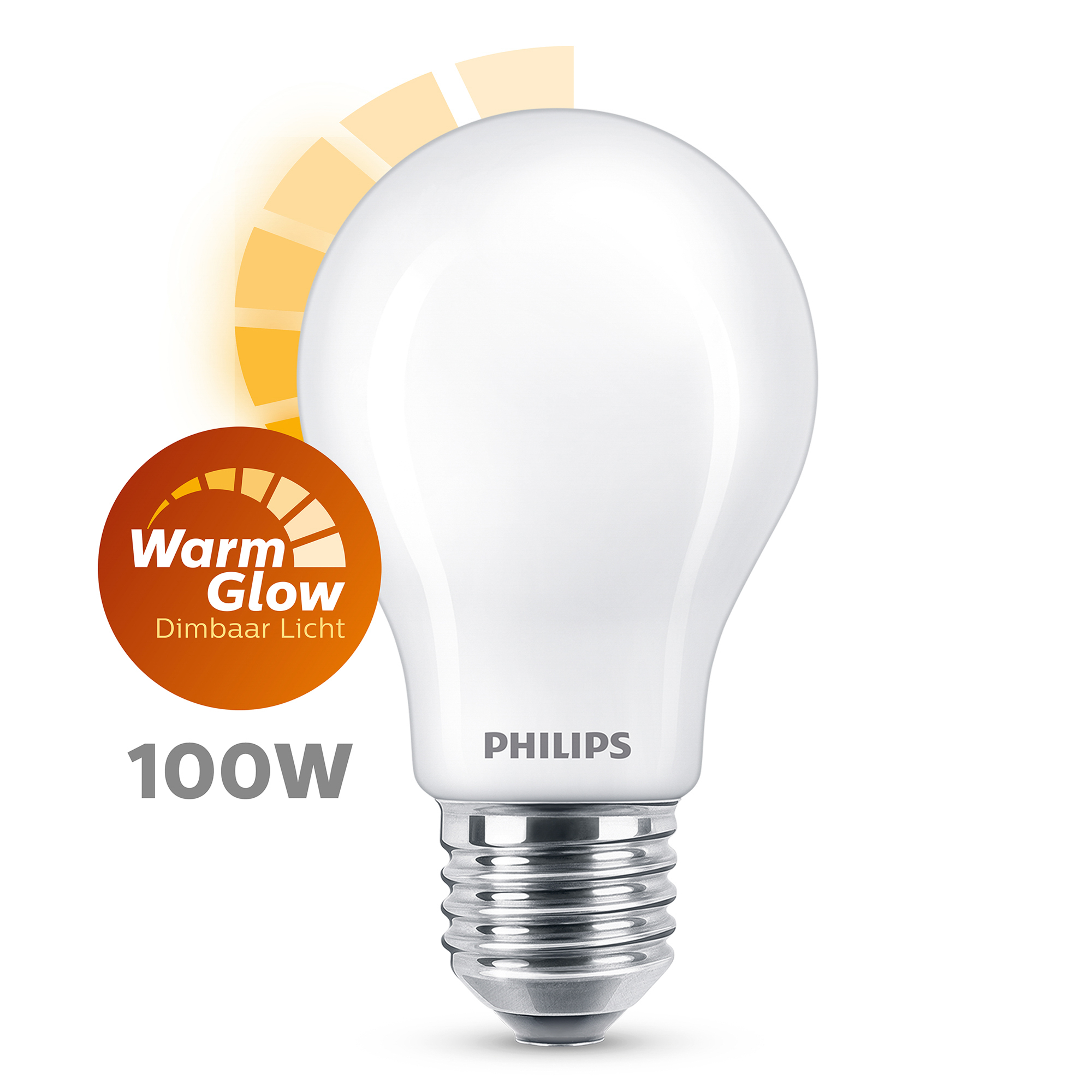Ampoule Philips blanche avec fonction de lueur chaude et texte 100W.