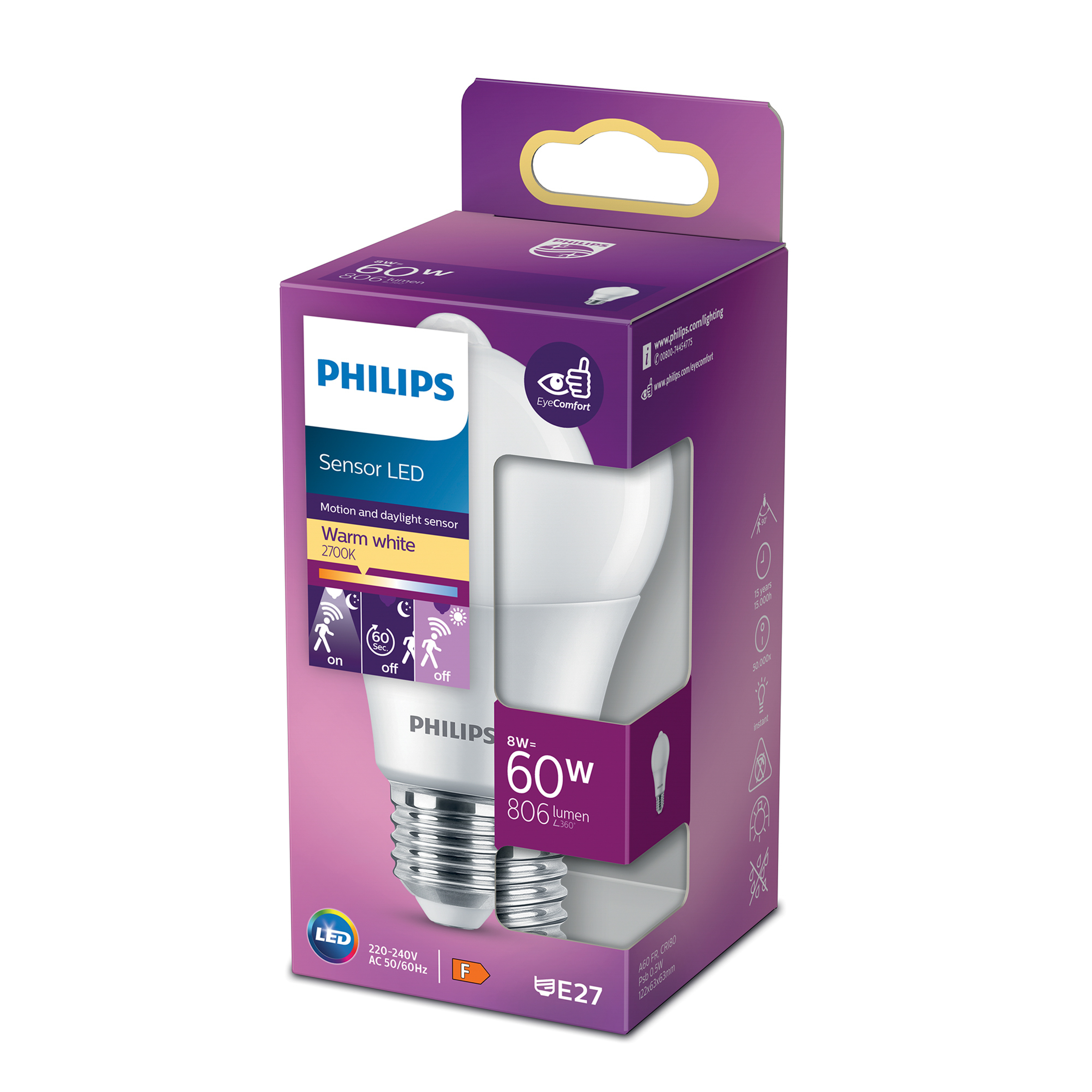 Scatola di lampadina LED Philips con una lampadina all'interno. La scatola è viola e bianca.