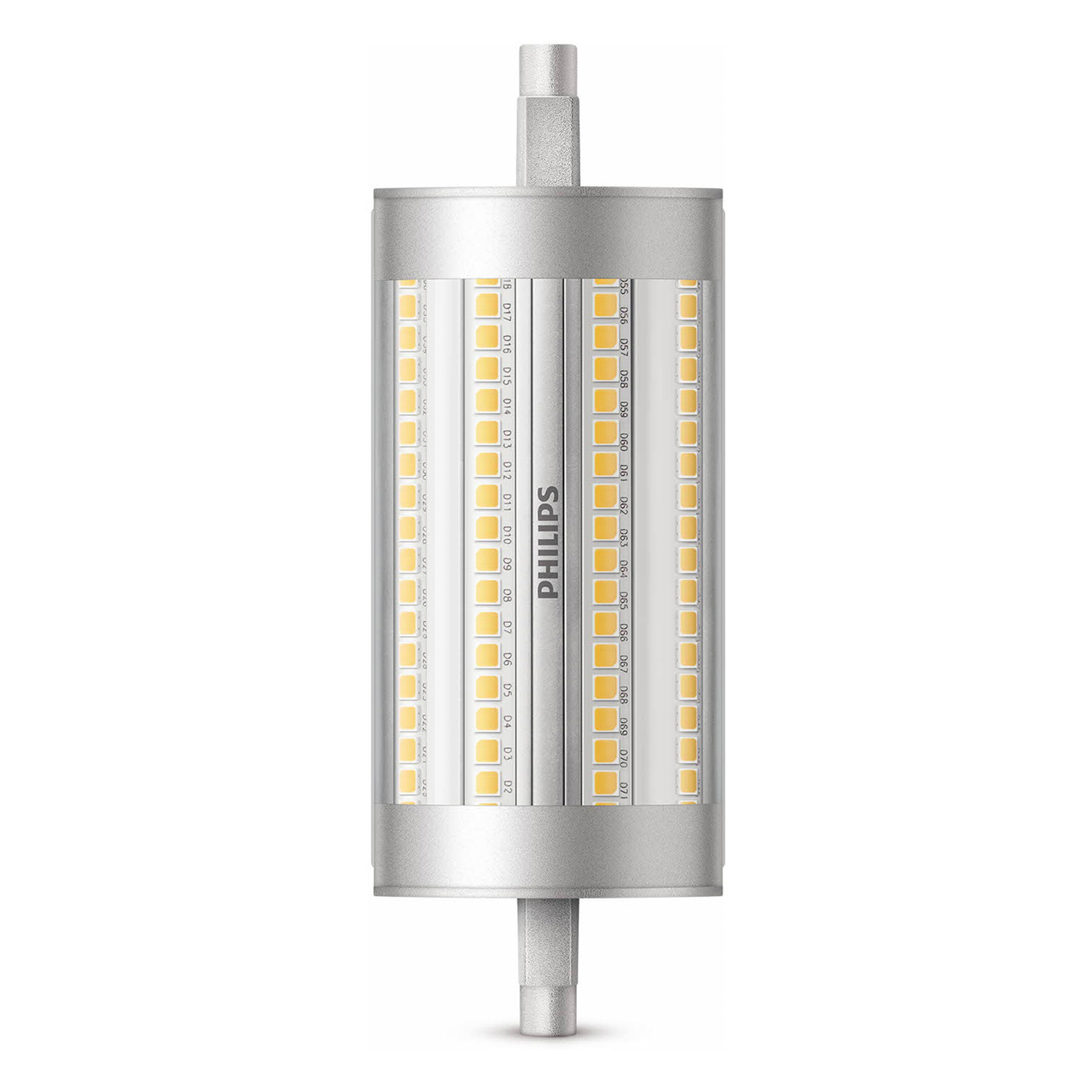 Zylindrische silberne LED-Lampe mit Stiften. Philips-Logo in der Mitte.
