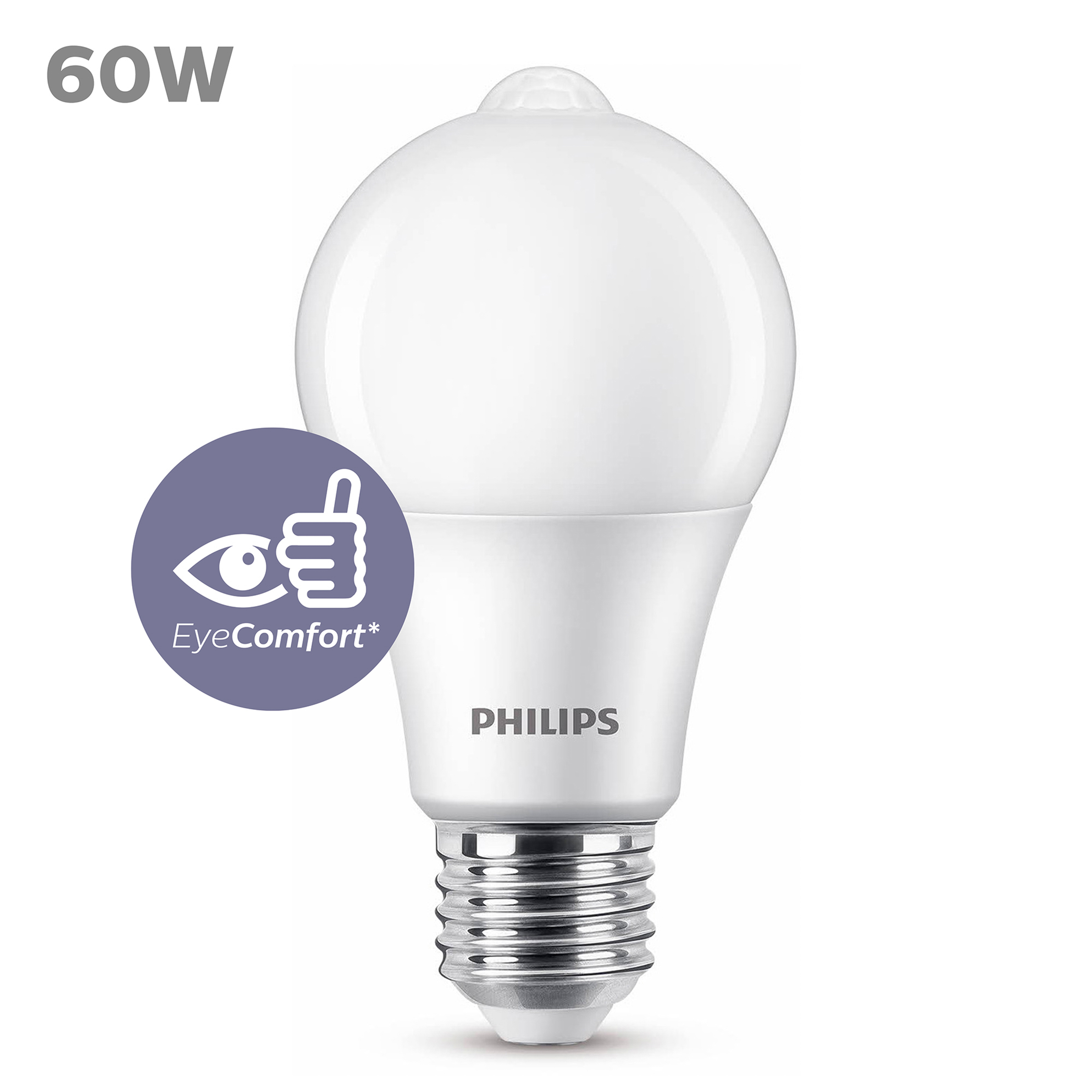 Lampadina LED Philips bianca con logo EyeComfort e etichetta 60W, su sfondo bianco.