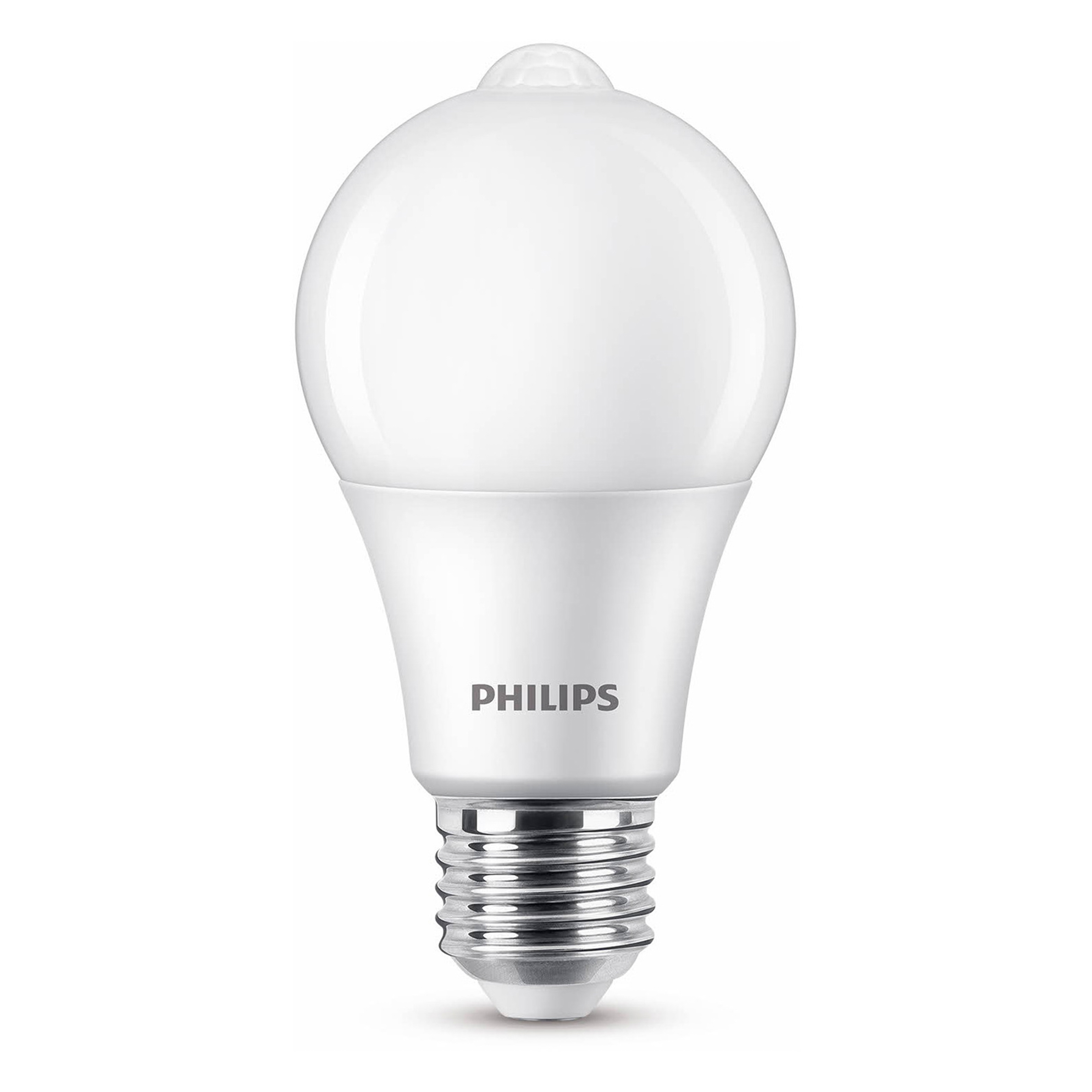 Lampadina Philips bianca, sferica sopra, conica sotto, con base argentata.