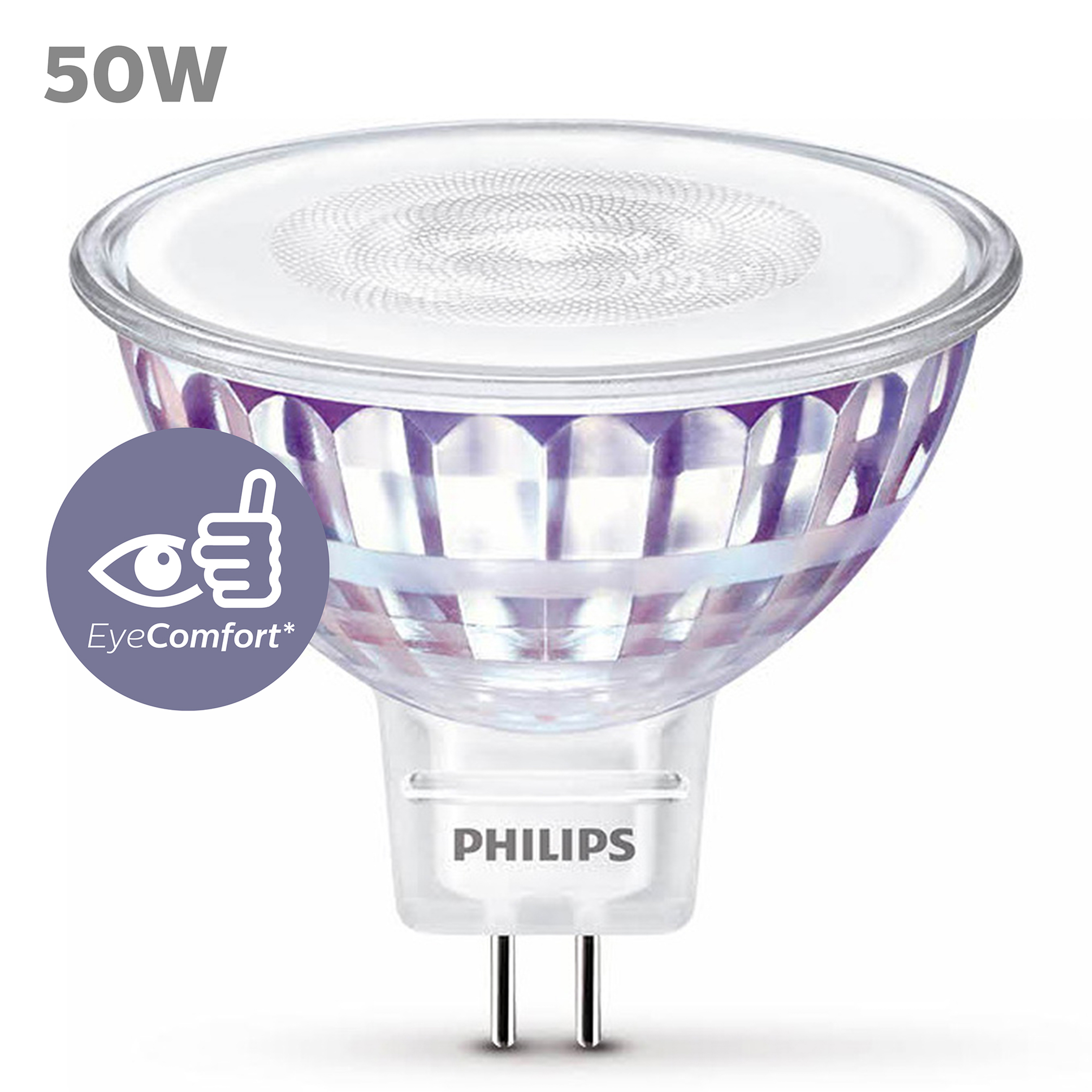 Philips LED-spot. Wit licht en een logo met EyeComfort.