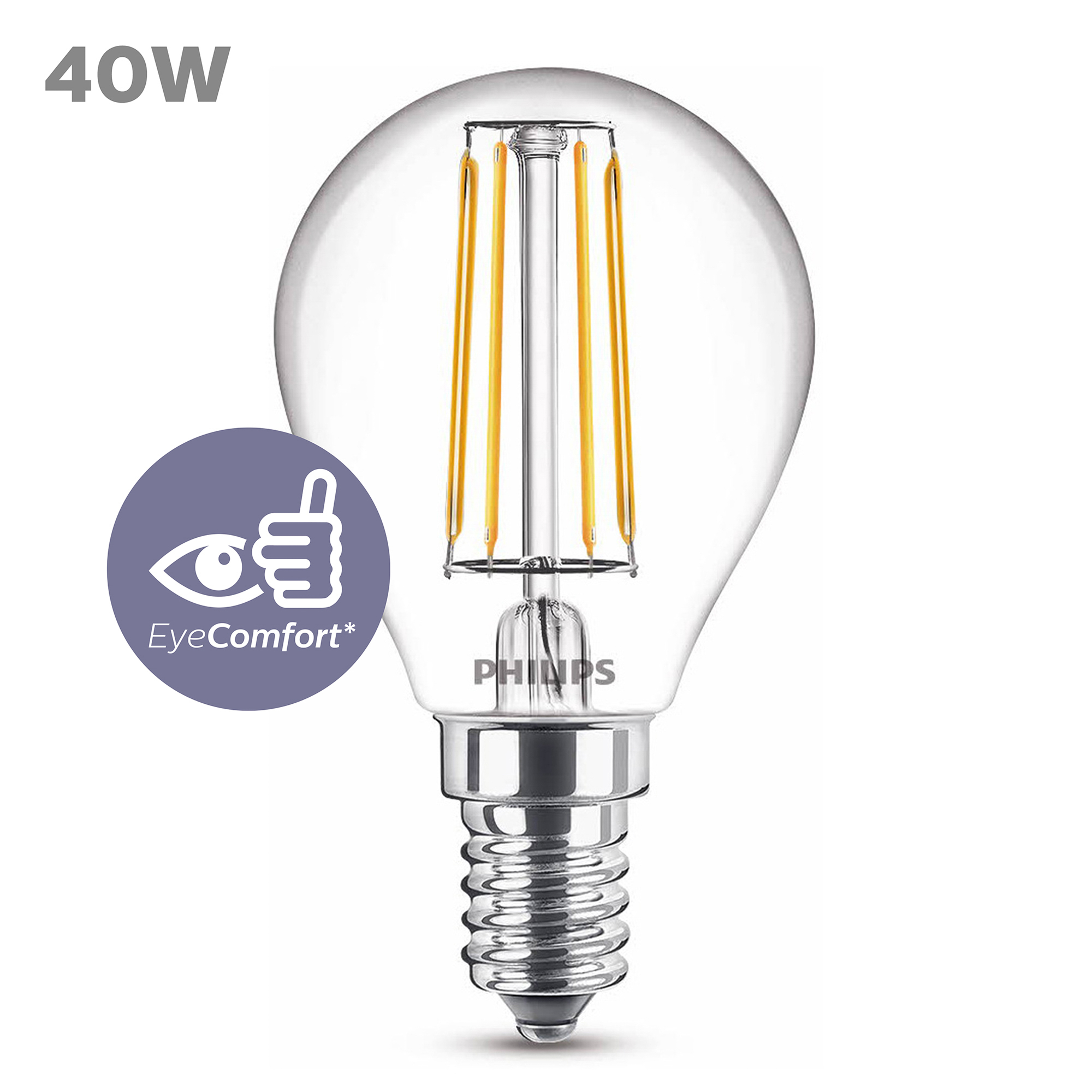 Żarówka Philips. Przezroczyste szkło z żarnikiem w środku. Logo EyeComfort po lewej stronie.
