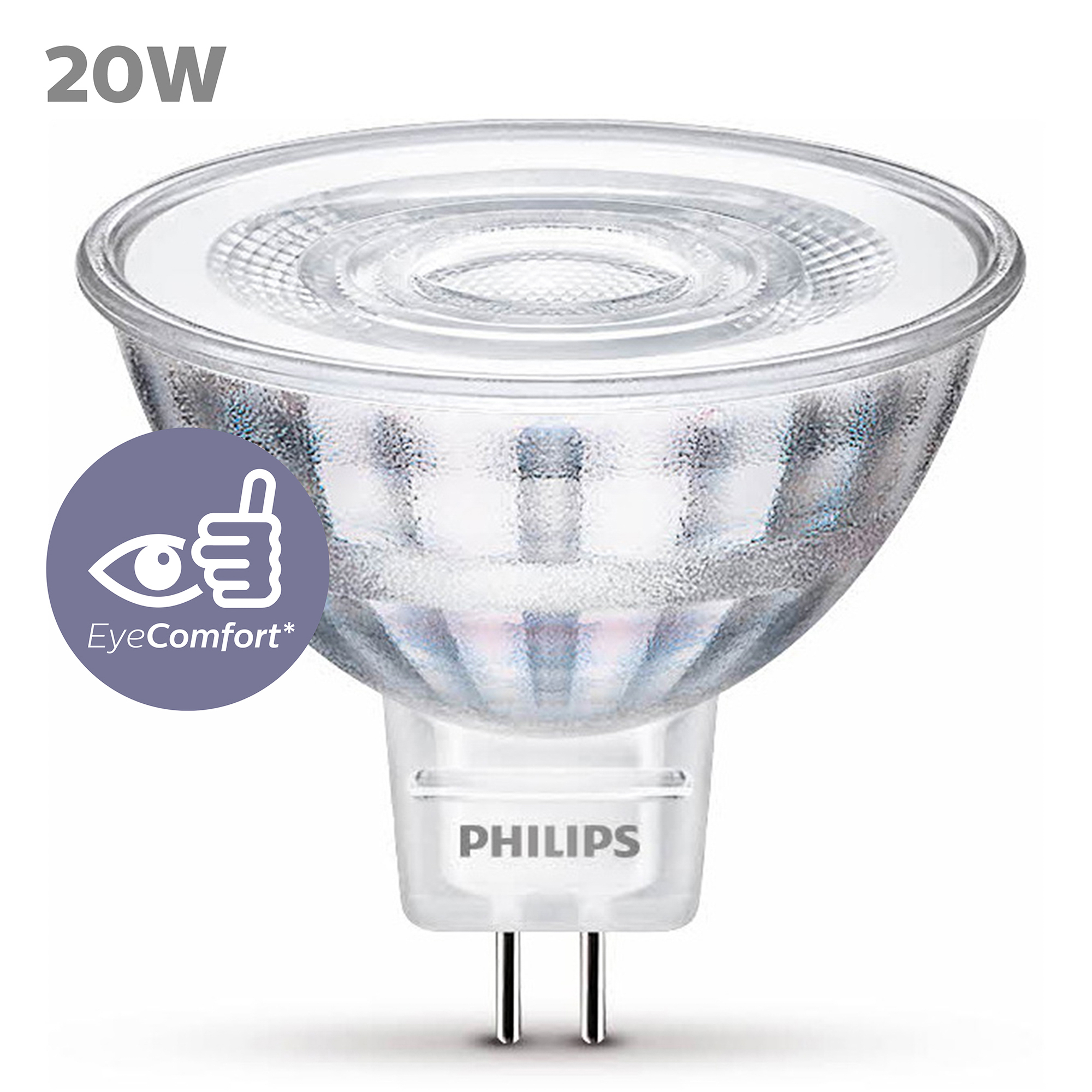 Una lampadina Philips da 20W con un simbolo di comfort per gli occhi e il marchio.