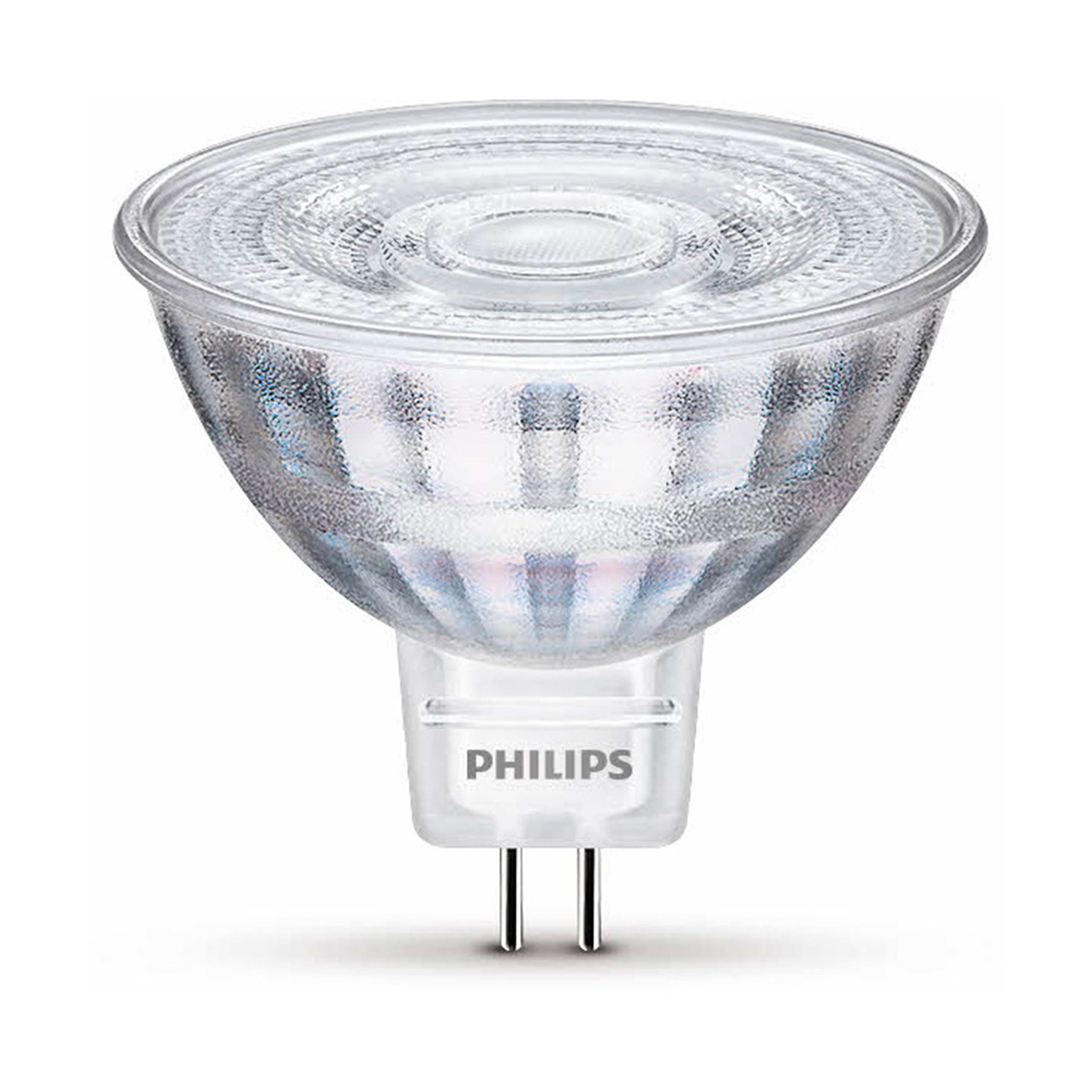 Primo piano di una lampadina LED Philips, vetro trasparente, con base bianca, su sfondo bianco.