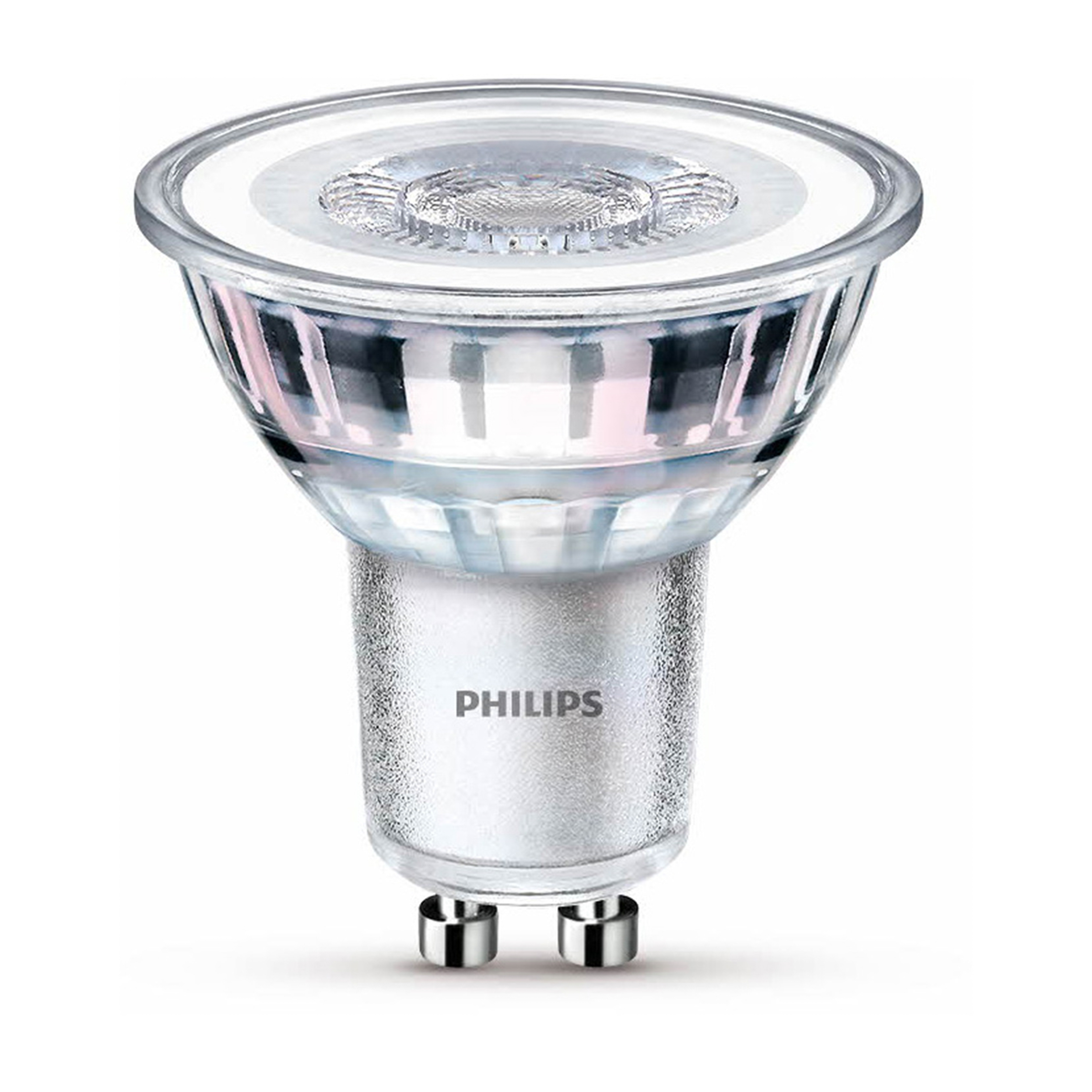 Zbliżenie srebrnej i przezroczystej żarówki LED Philips GU10.