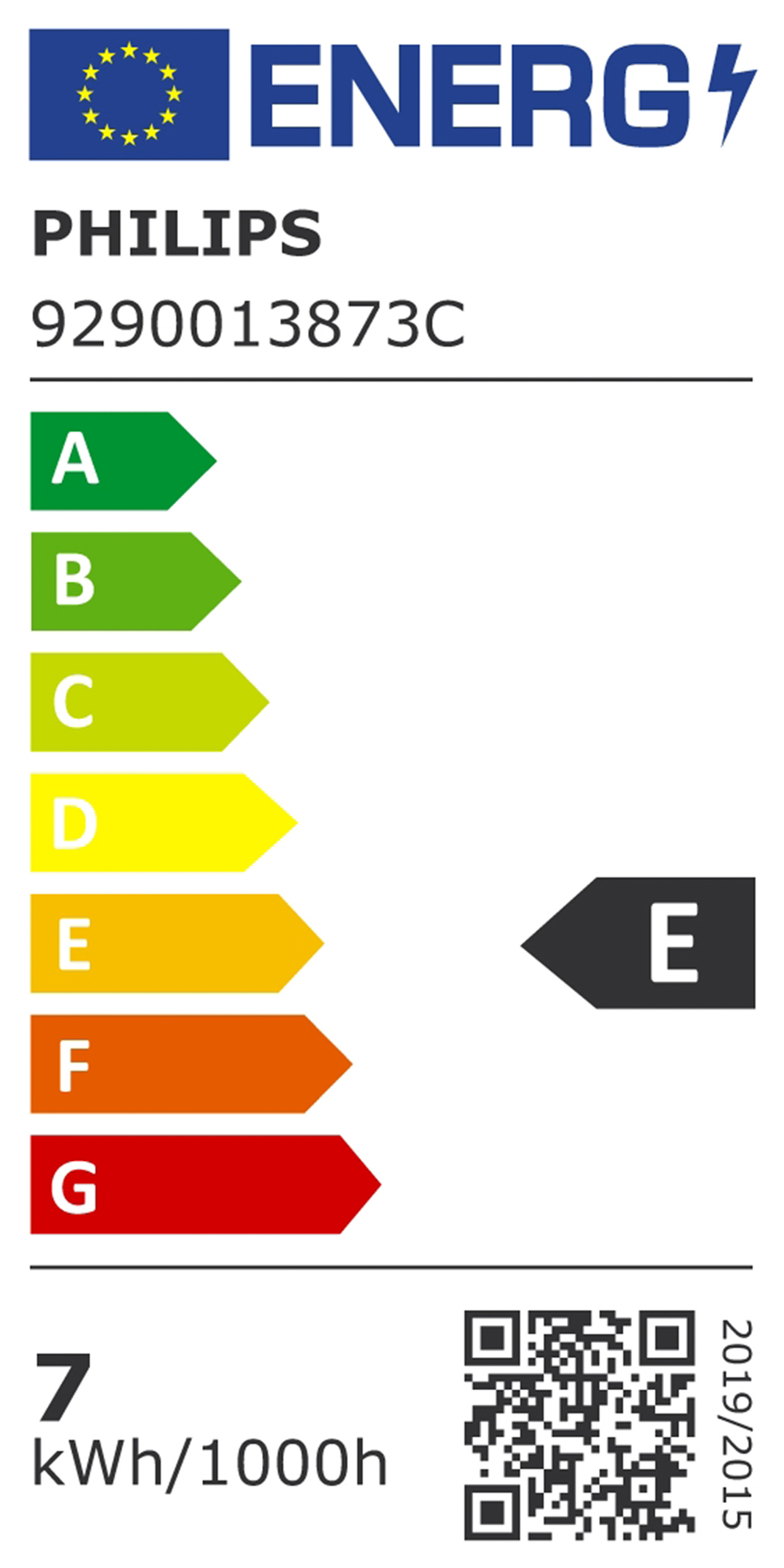 Étiquette énergétique. Logo Philips et échelle d'efficacité énergétique avec une note E. Fond blanc.