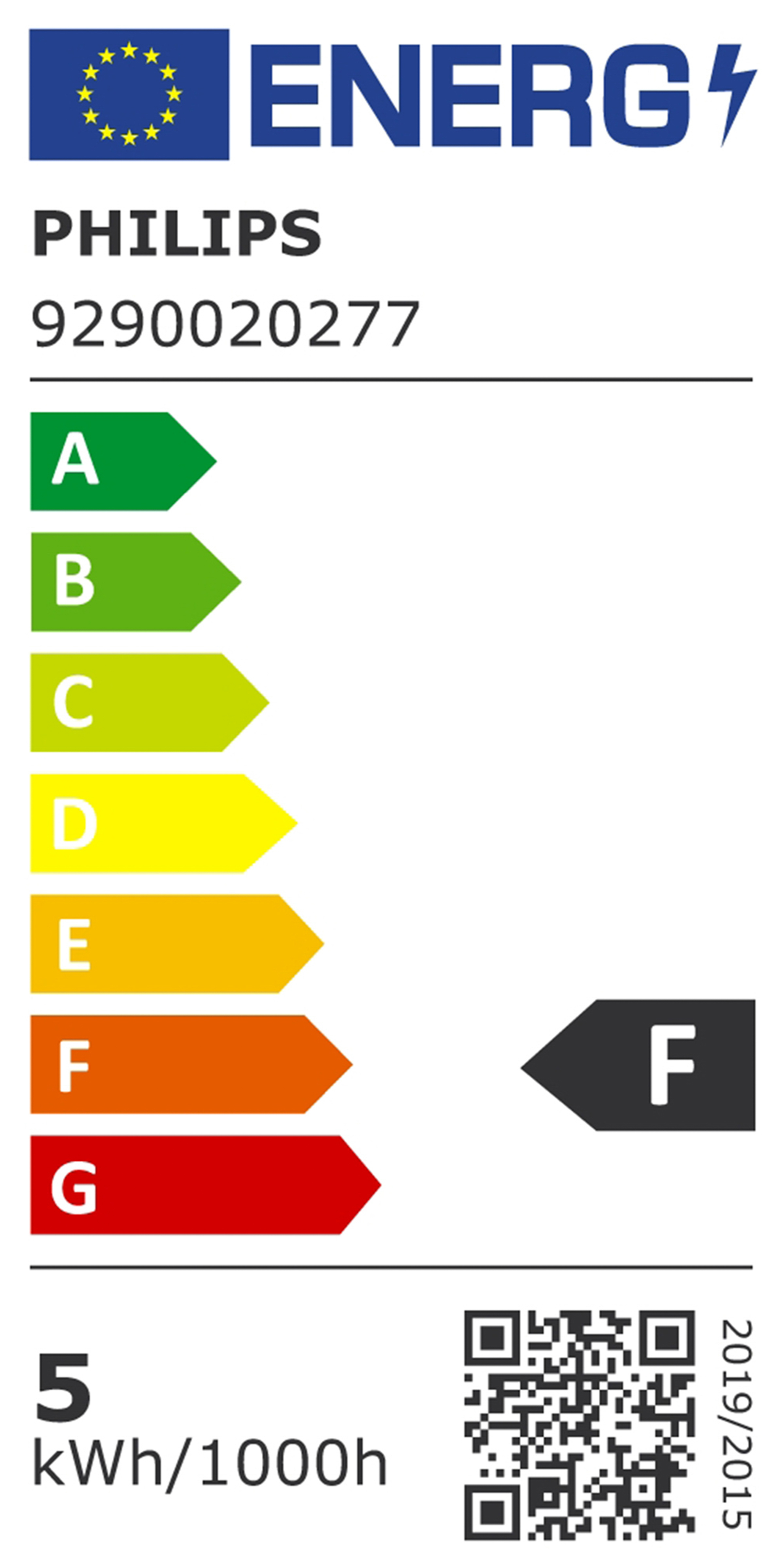 Etichetta energetica per una lampadina Philips, che mostra le classificazioni di efficienza, su sfondo bianco.