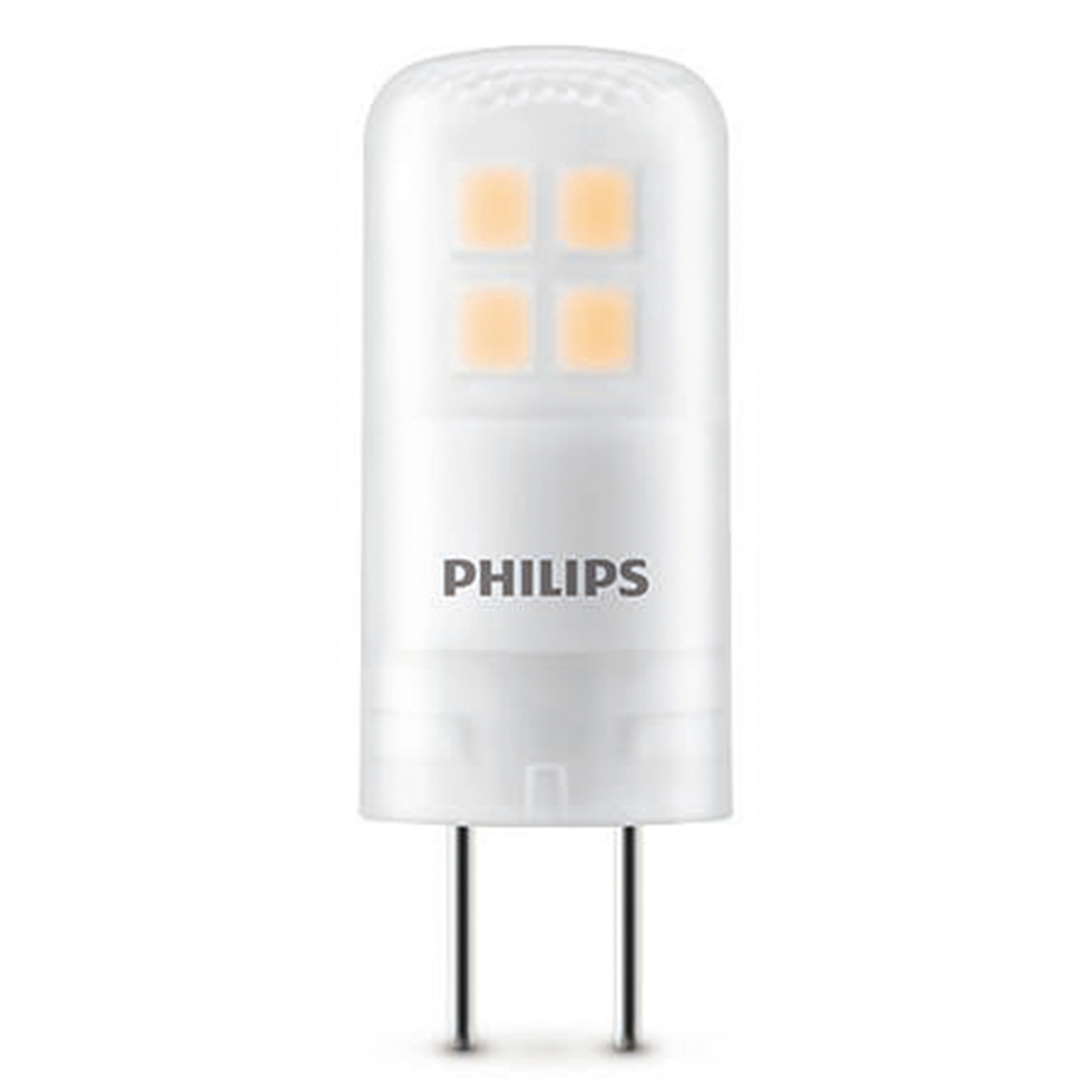 Philips LED-Glühbirne mit zwei Pins. Weißer Körper mit orangefarbenem Licht.
