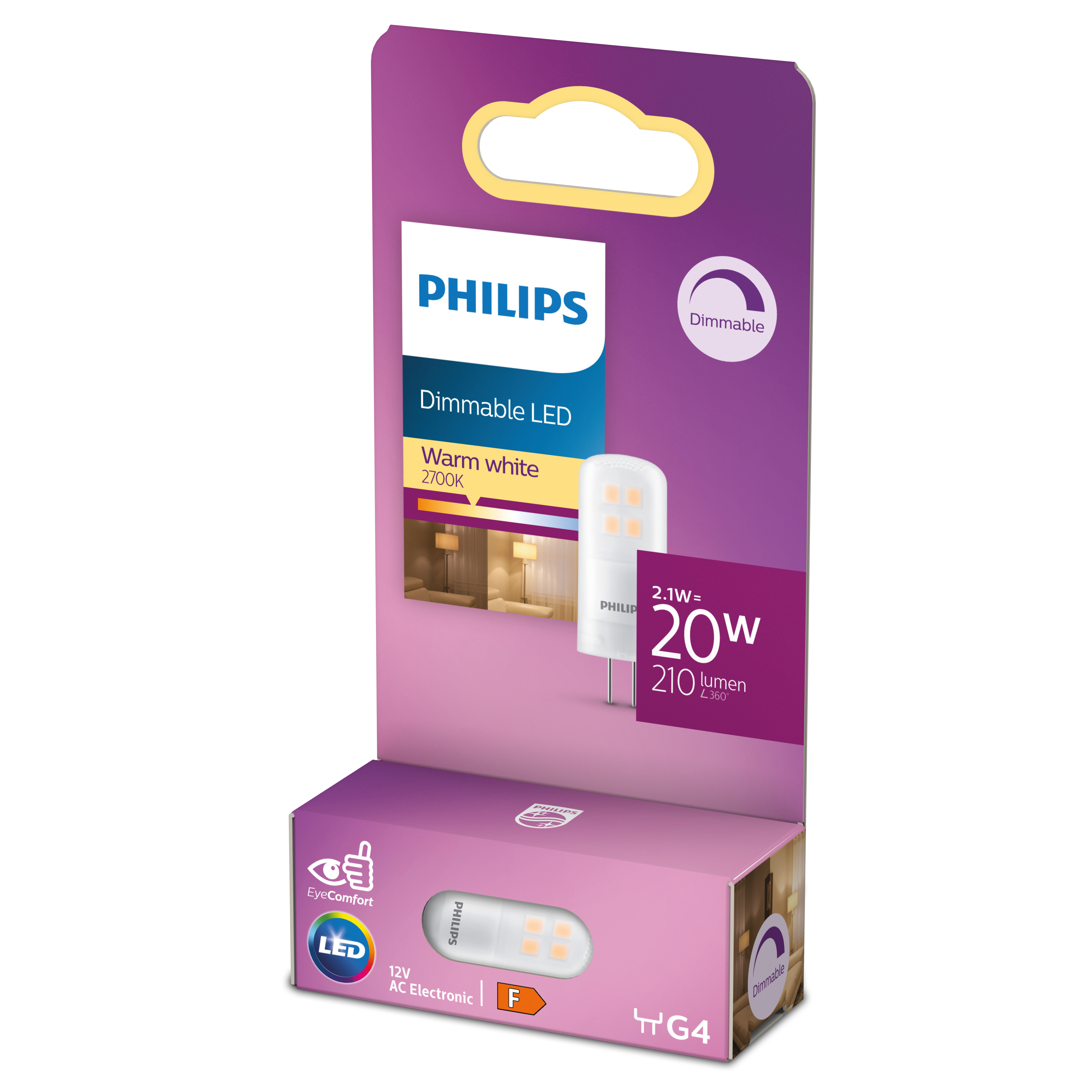 Philips LED-lamp in een doos. Het heeft een kleine LED-lamp met een G4-voet. De doos heeft details.