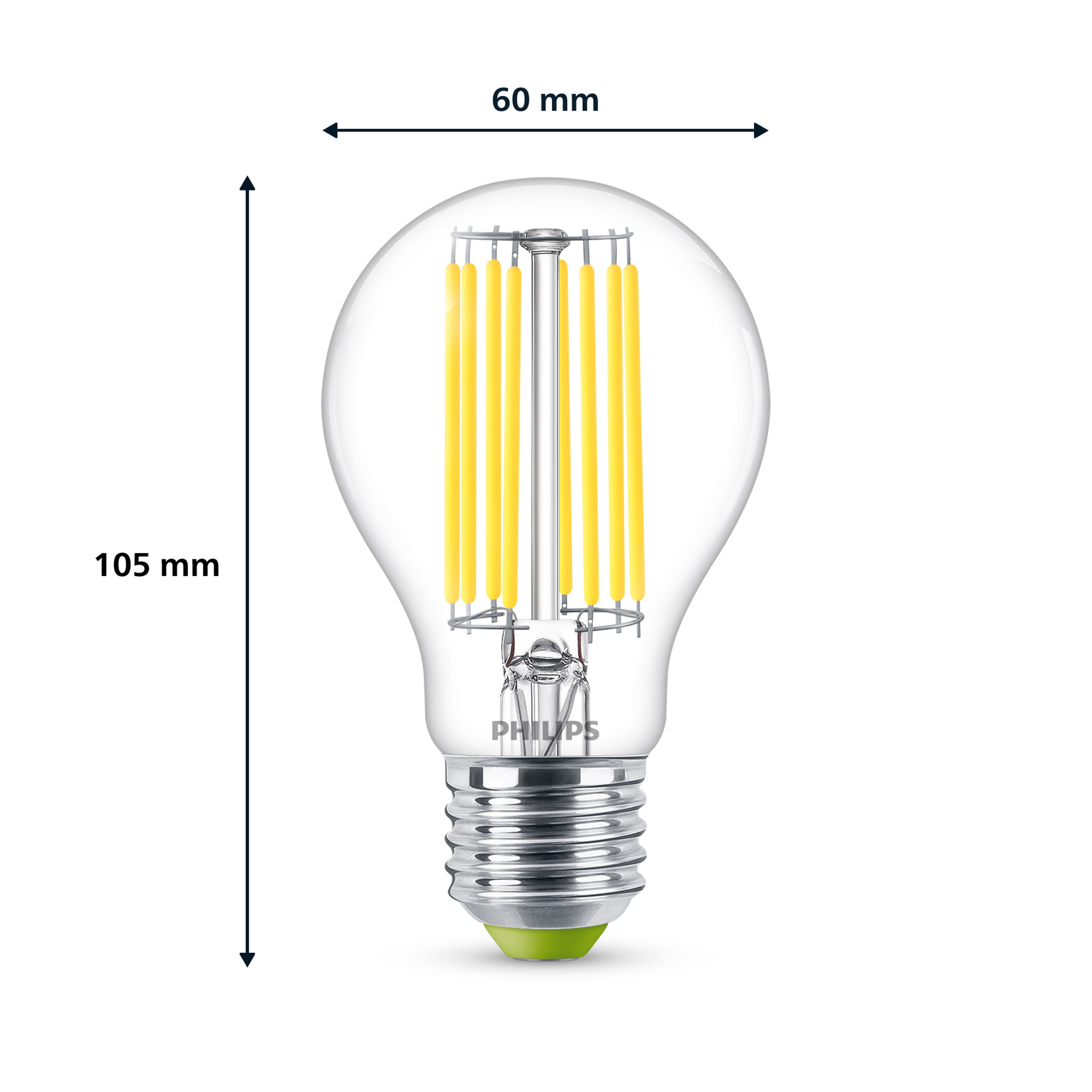 Ampoule LED transparente. Six filaments LED jaunes. Base argentée et verte.