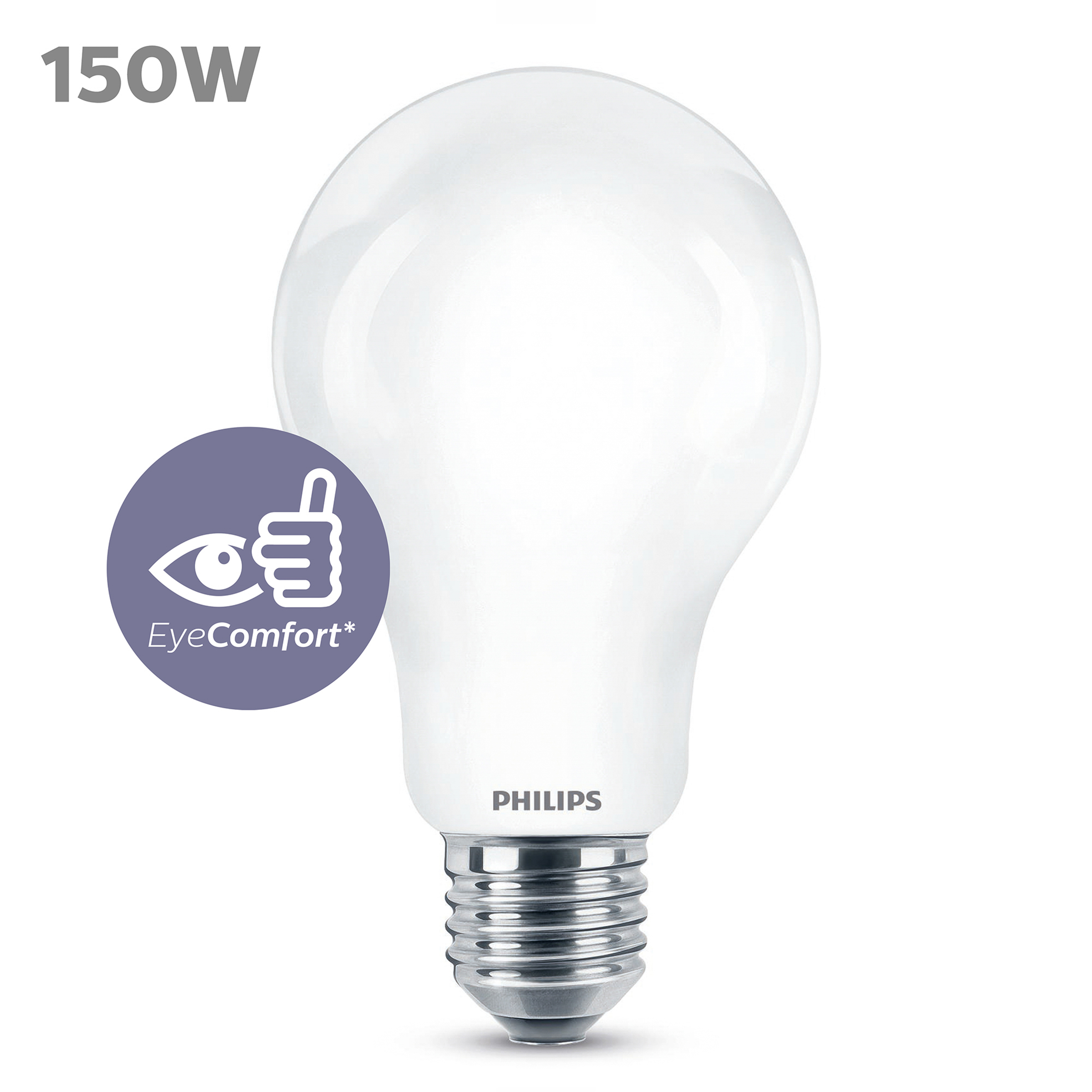 Ampoule blanche avec étiquettes EyeComfort et 150W. Forme d'ampoule standard.