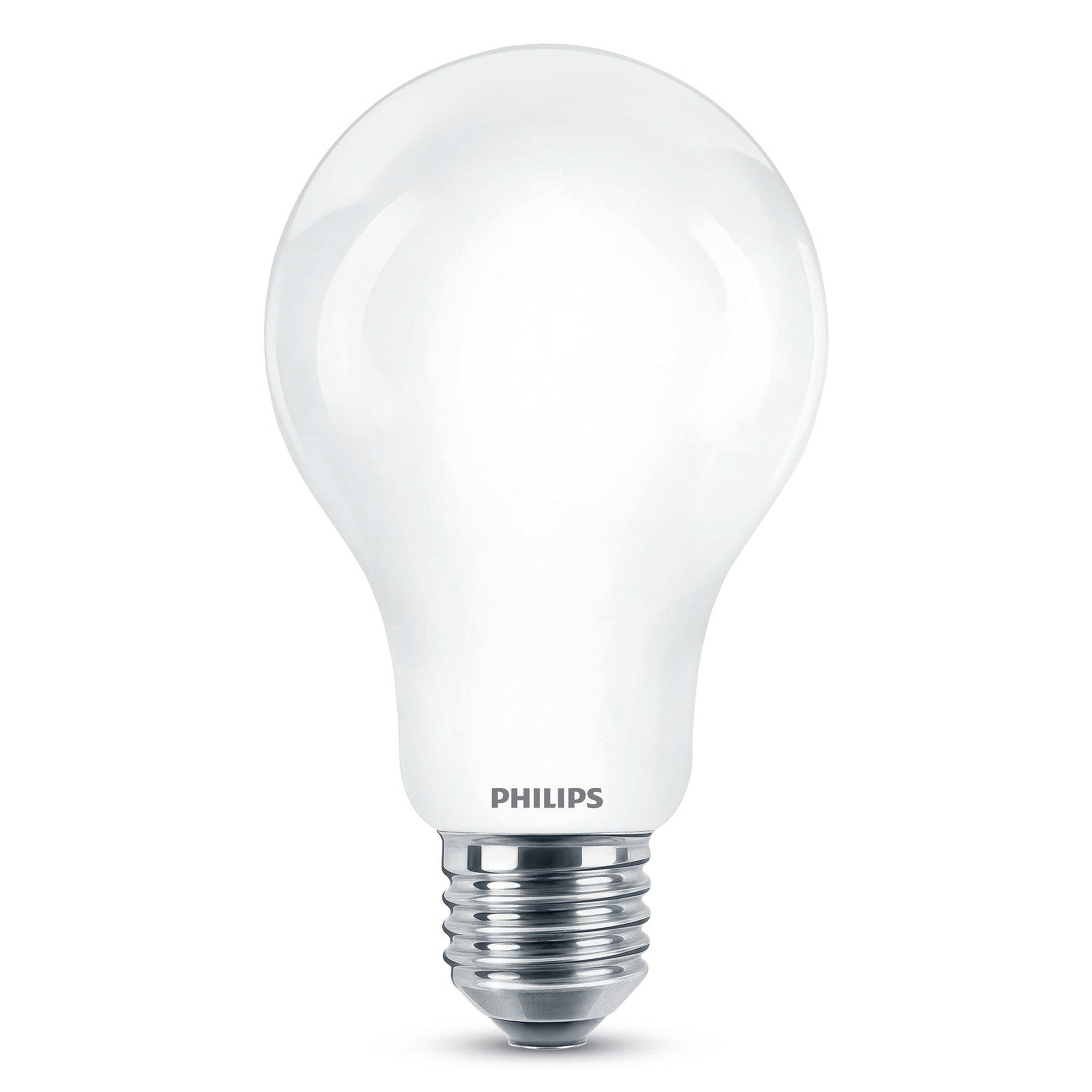 Une ampoule Philips blanche avec une base argentée. Elle a un dessus arrondi et est sur fond blanc.