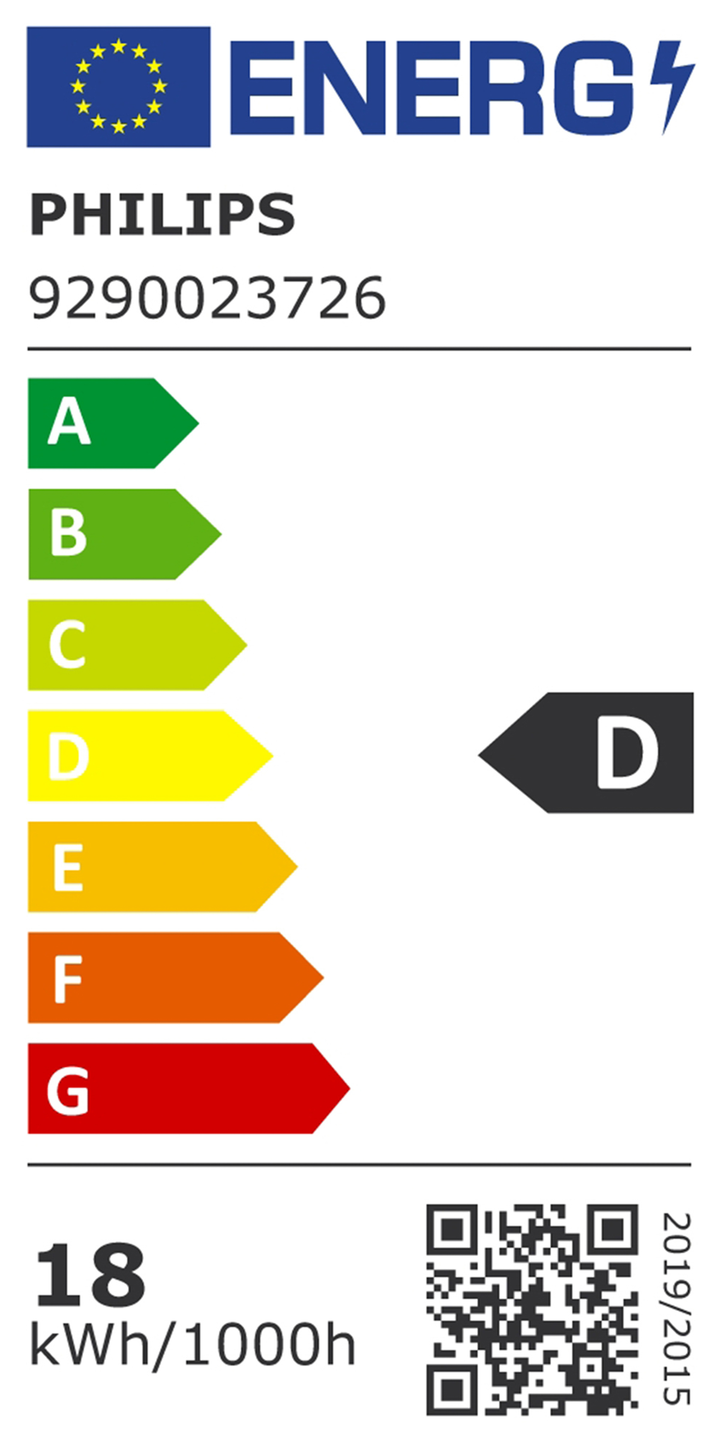 Étiquette énergétique Philips. Affiche une note D. Comprend un code QR et d'autres détails.