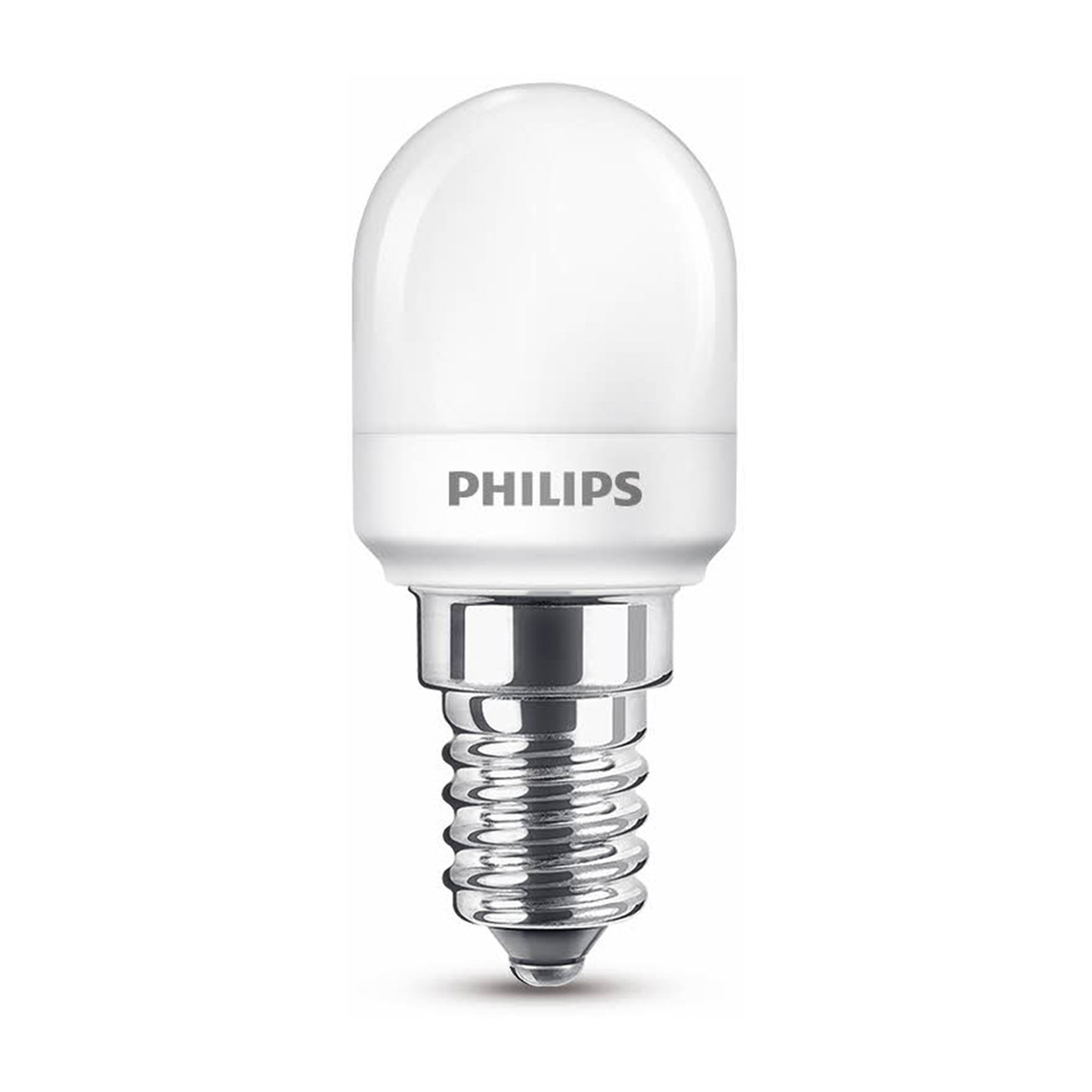 Lampadina LED Philips bianca con parte superiore rotonda e base argentata, su sfondo bianco.