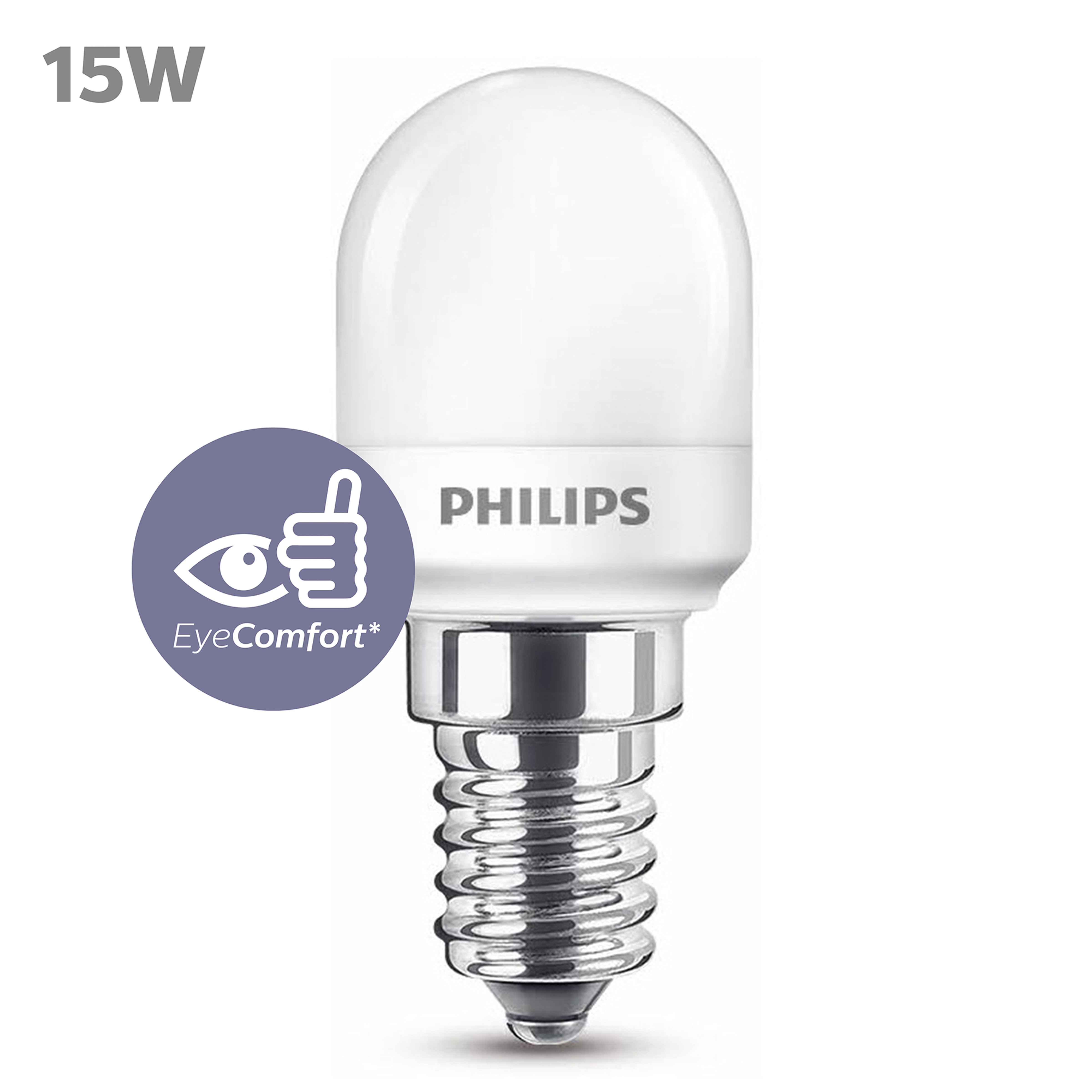 Ampoule LED Philips blanche avec une base argentée. Le logo EyeComfort est à gauche.