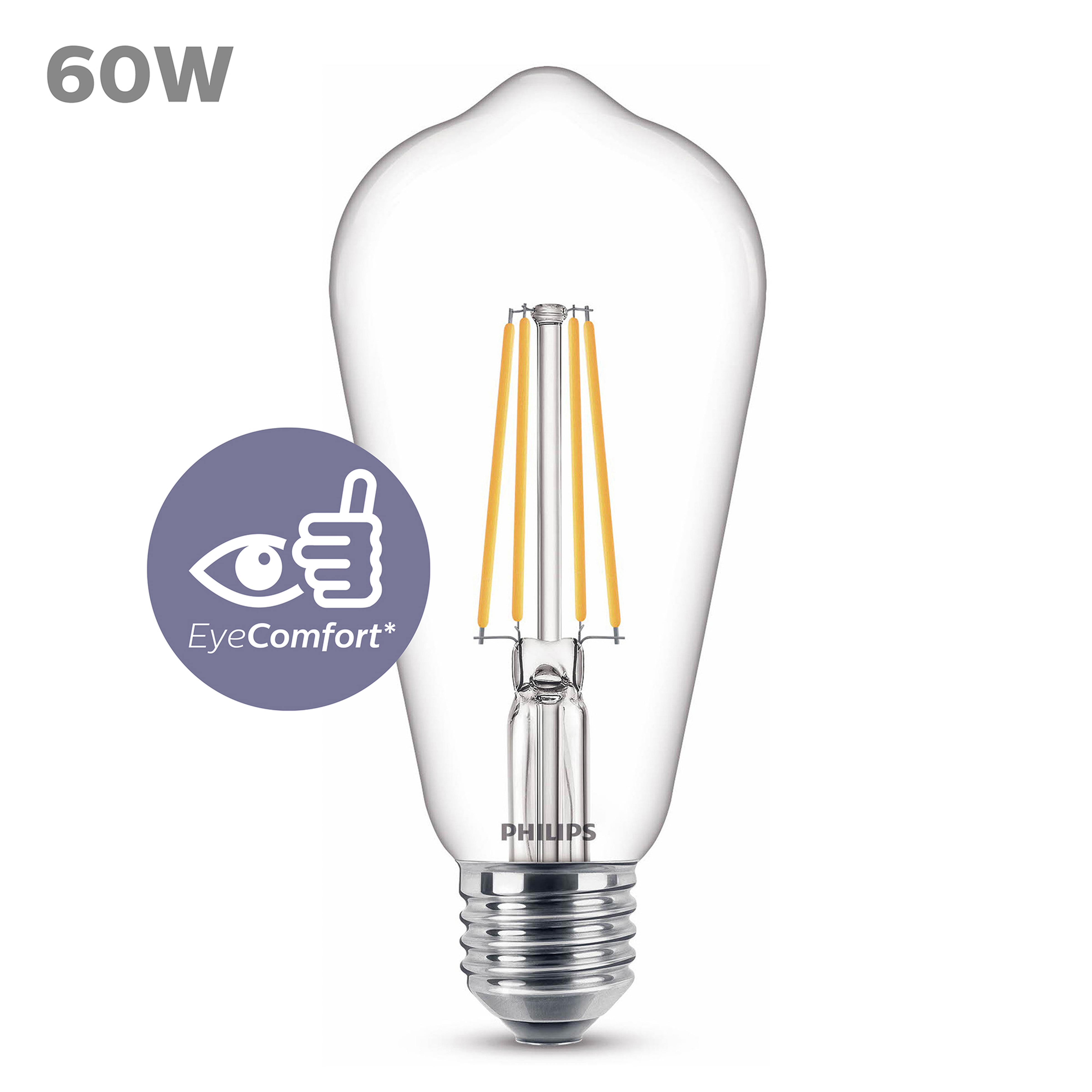 Eine klare, birnenförmige Glühbirne mit 60W-Aufschrift und EyeComfort-Logo, auf weißem Hintergrund.