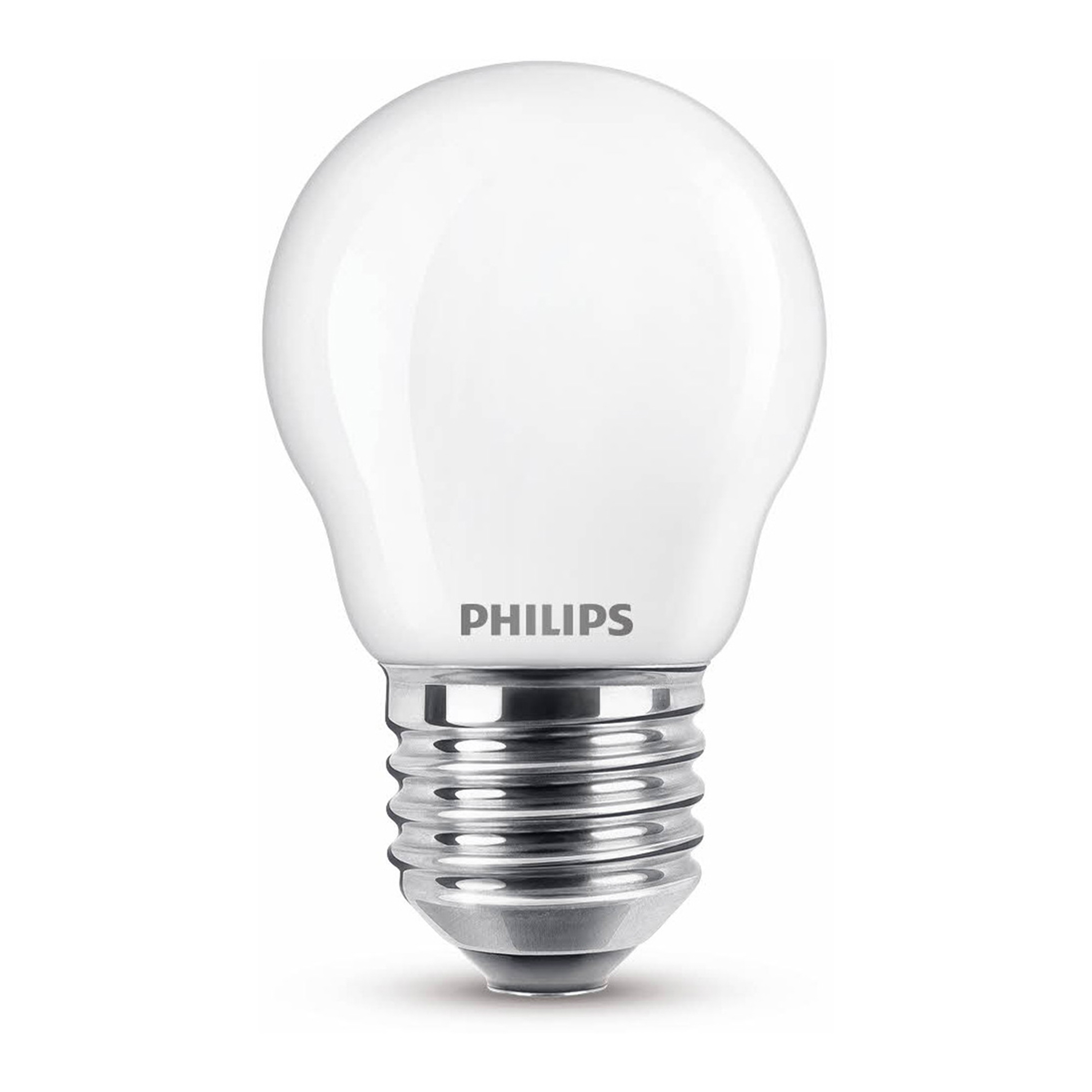 Une ampoule LED Philips blanche avec base argentée, sur fond blanc, vue de face.