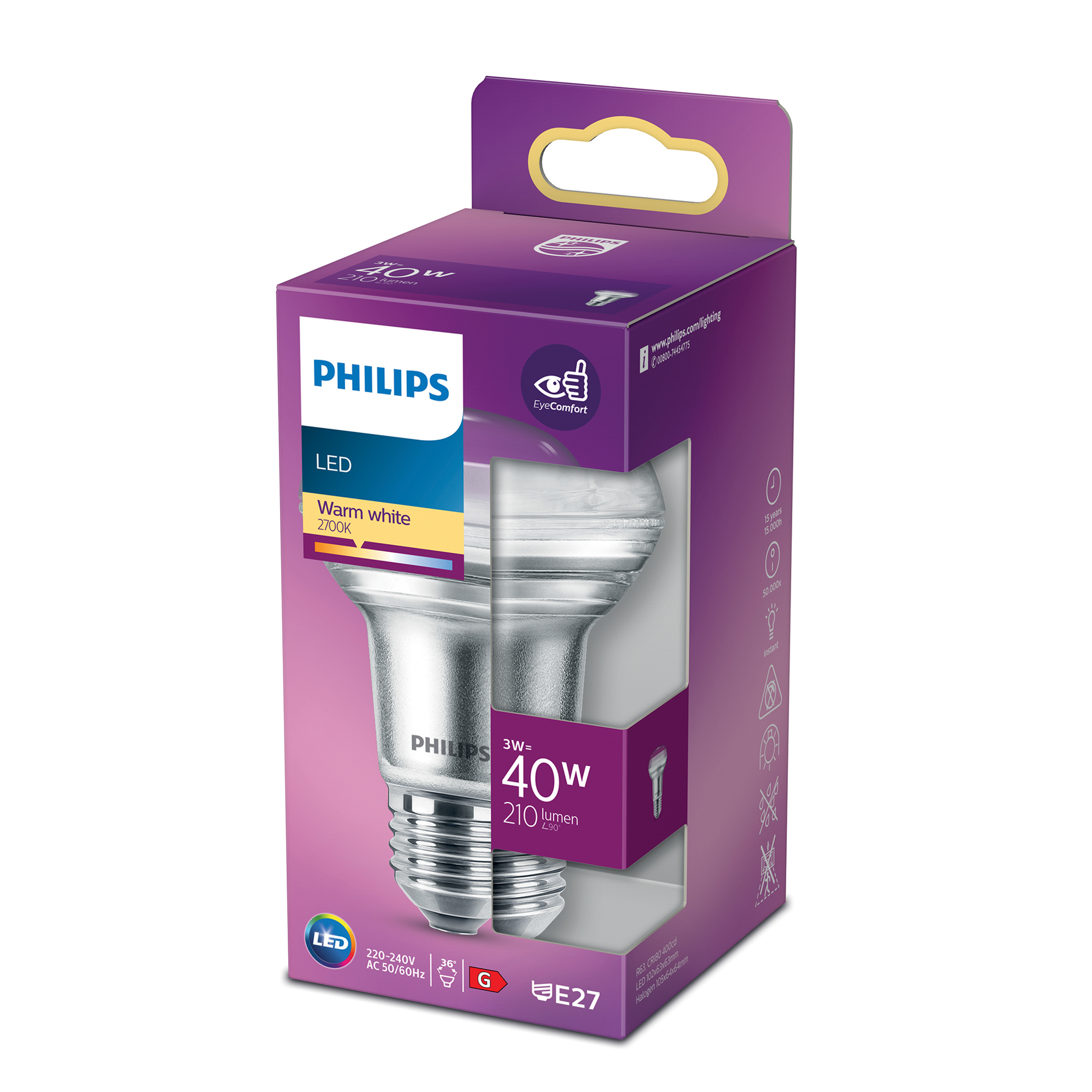 Lampadina LED Philips in una scatola. La scatola è viola e bianca. La lampadina è visibile.