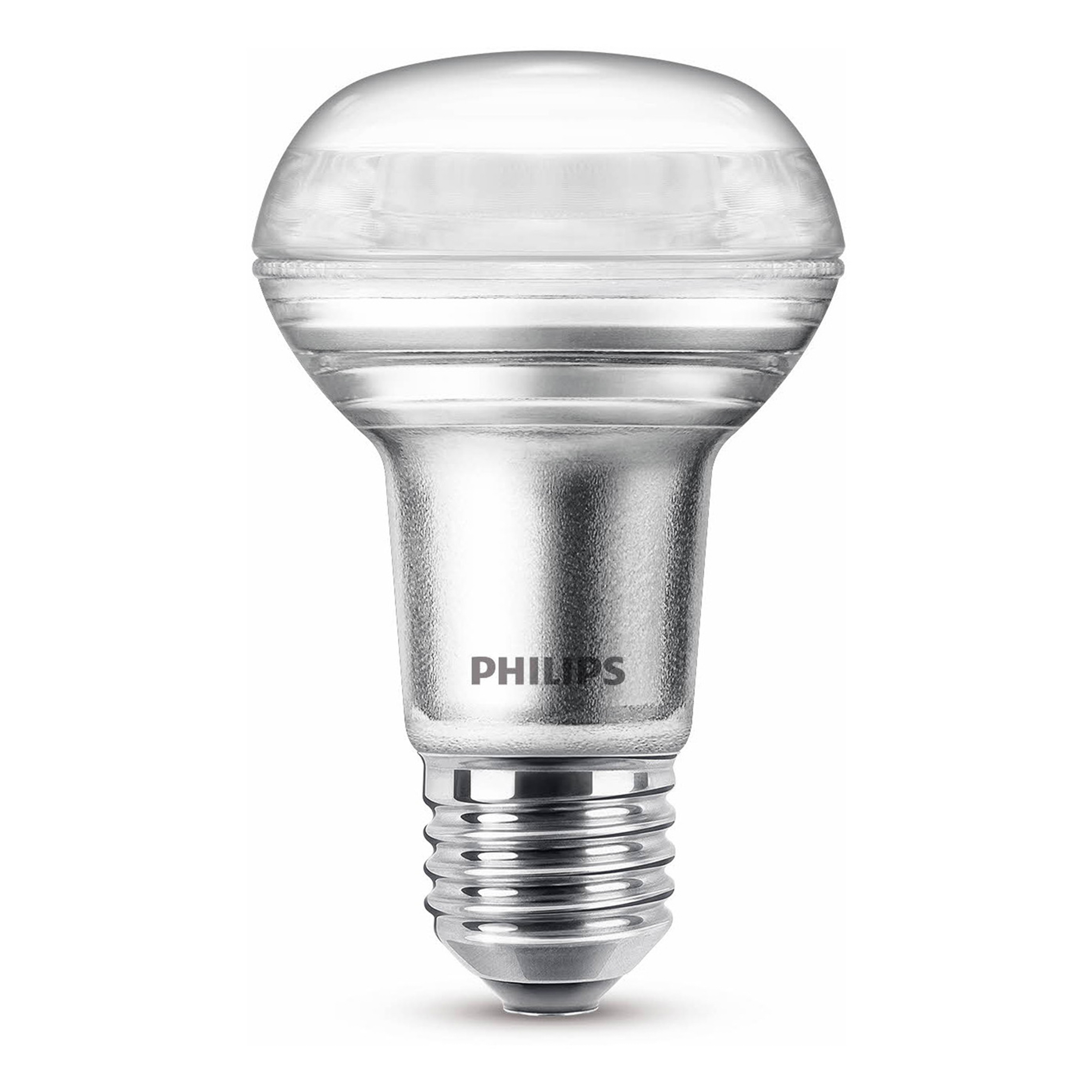 Una lampadina LED Philips argento su sfondo bianco.