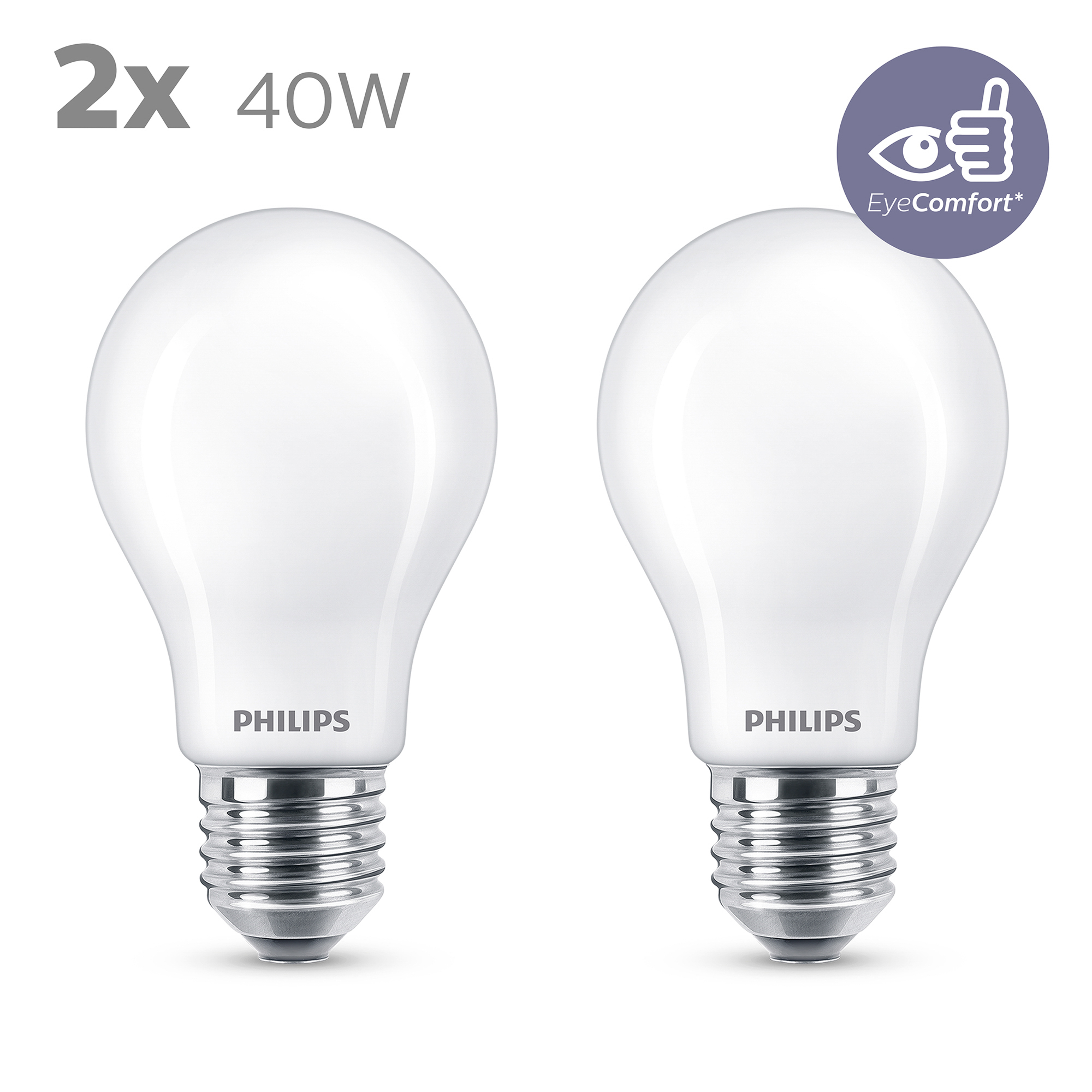 Deux ampoules blanches en forme de bulbe avec la marque 'PHILIPS'.