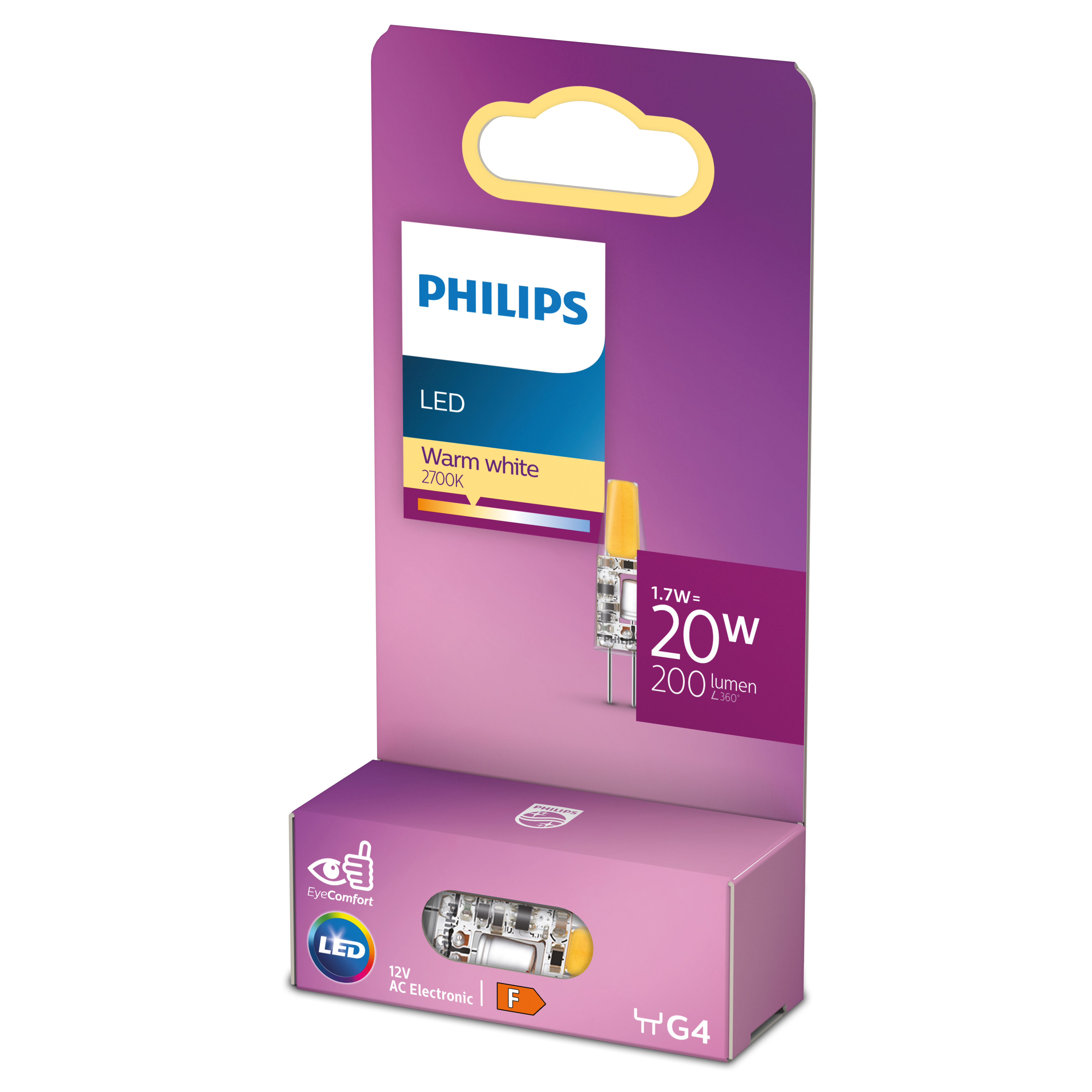 Philips LED-lampverpakking. Gele lamp in een paarse en witte doos. Details zichtbaar.