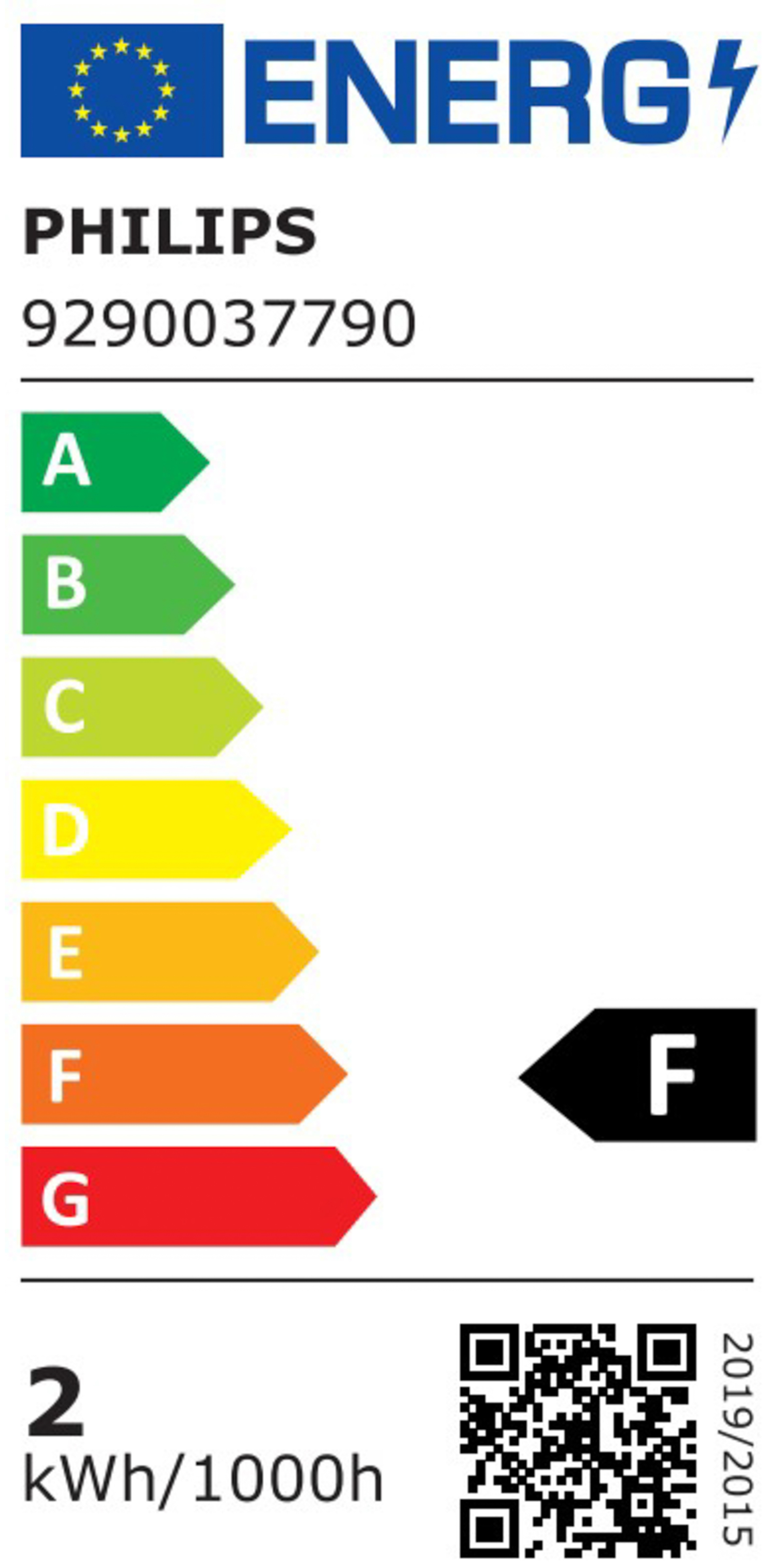 Een energielabel voor een Philips-product, met een 'F'-classificatie.