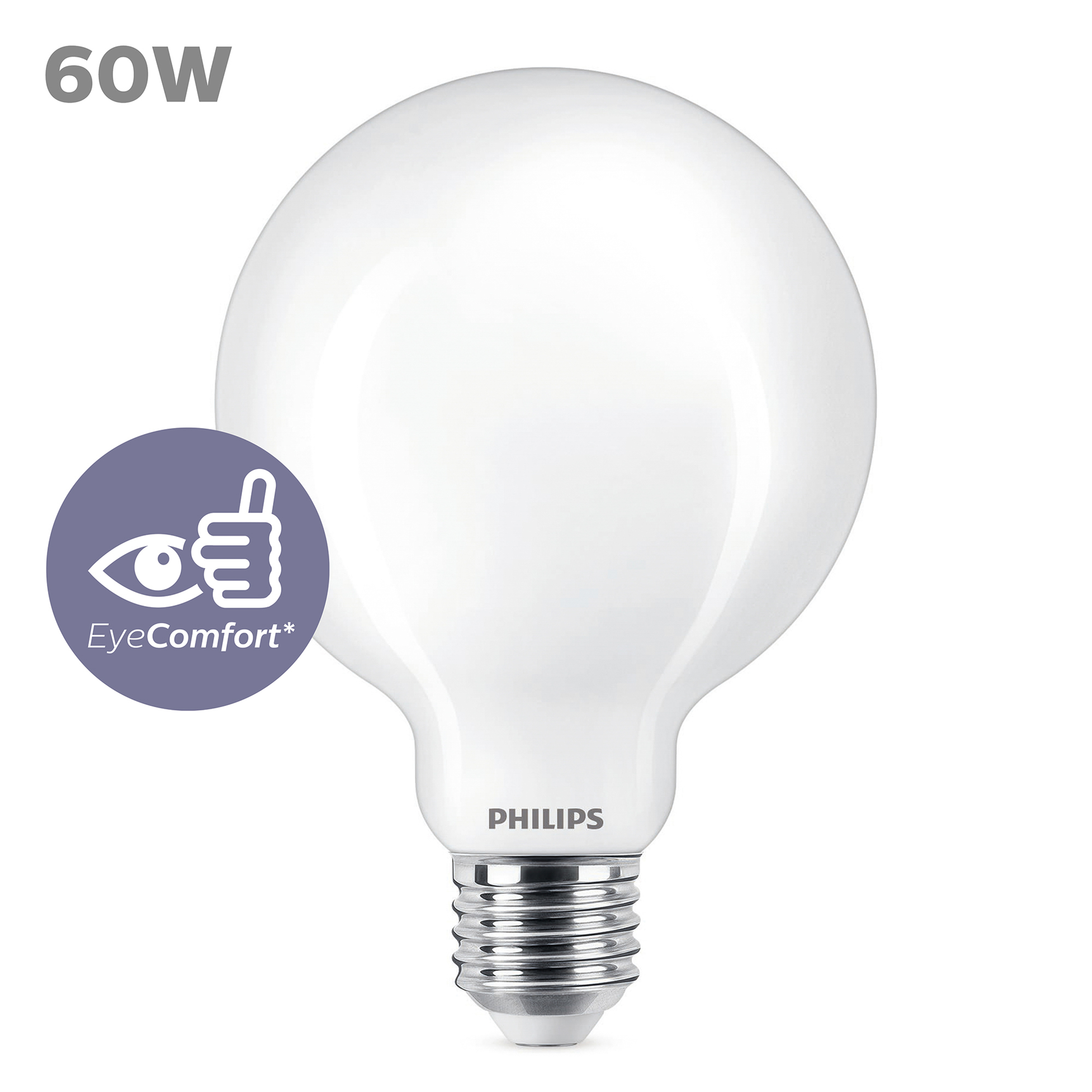 Een Philips 60W witte ronde LED-lamp met het EyeComfort-logo.
