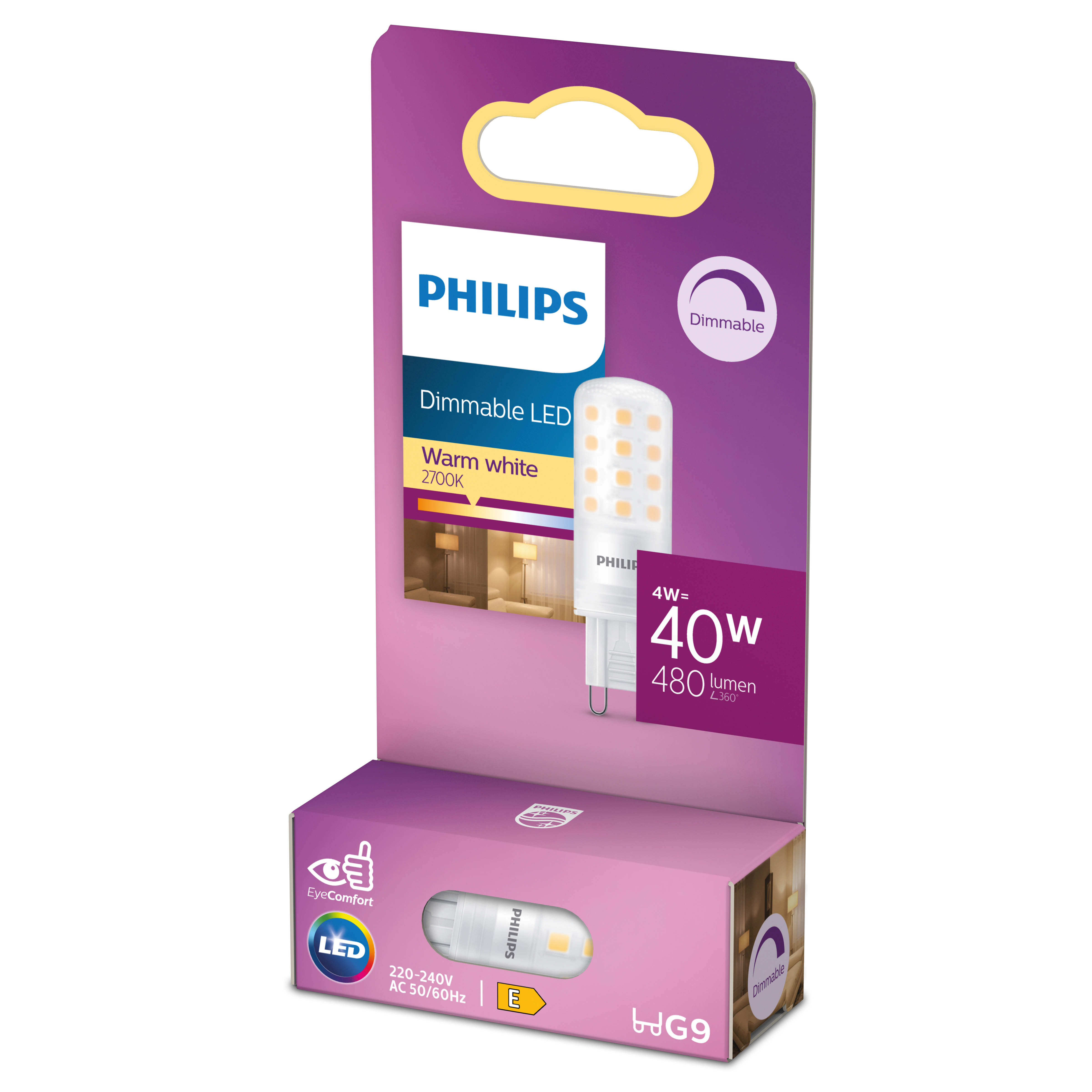 Lampadina LED Philips dimmerabile in scatola viola. La lampadina è mostrata.
