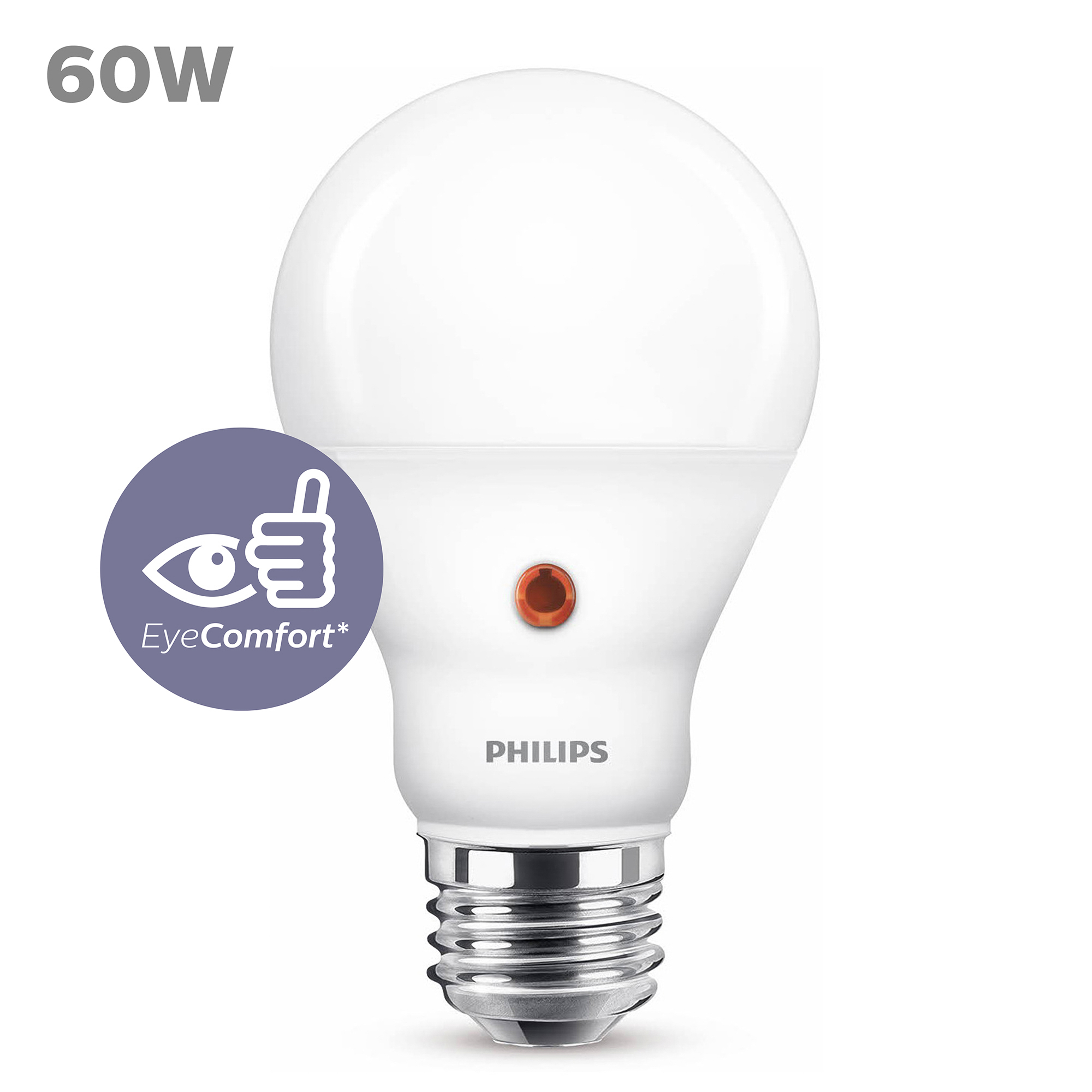 A white Philips LED bulb with a circular EyeComfort logo. On white background.