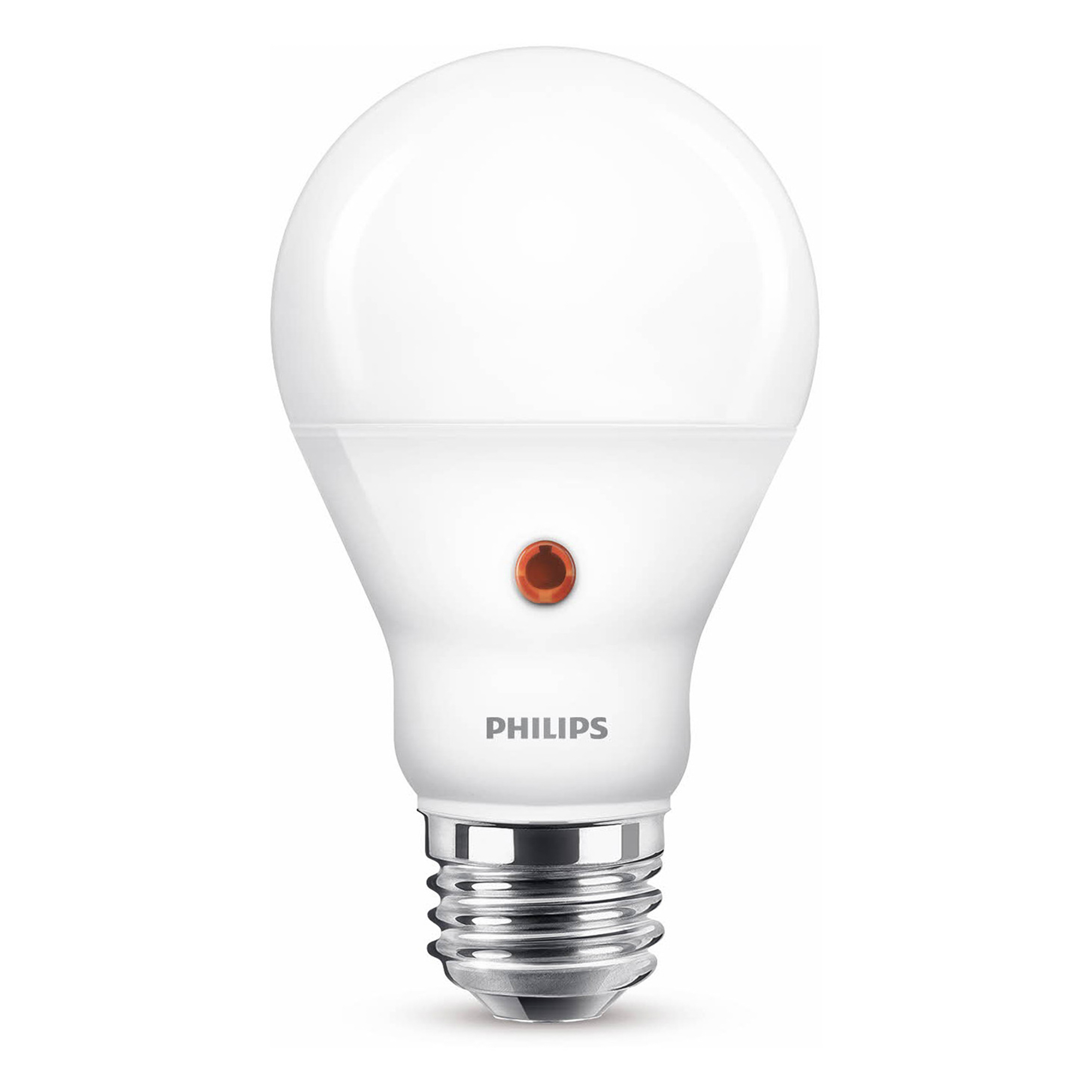 White Philips LED light bulb with a red button and silver base.