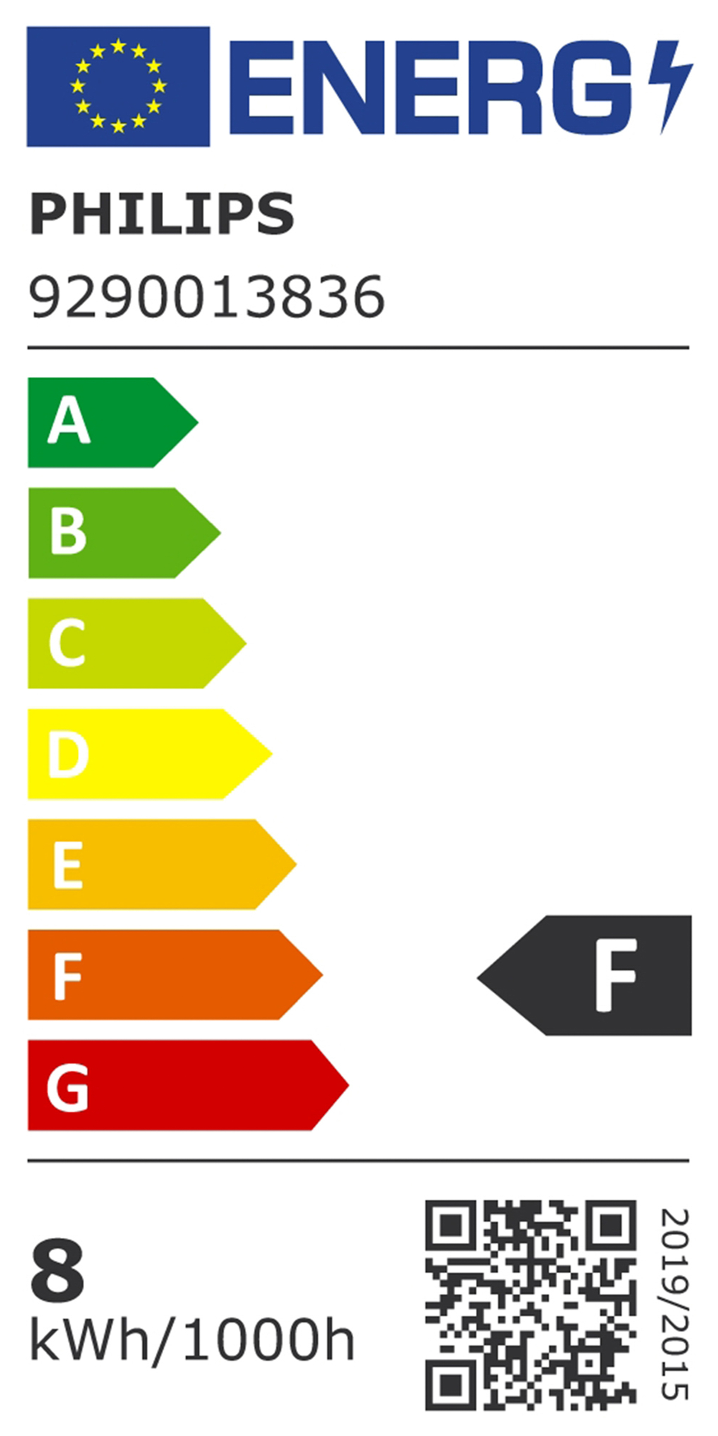 Energy label for Philips light bulb. It shows the energy class 'F', and consumption as 8 kWh/1000h.