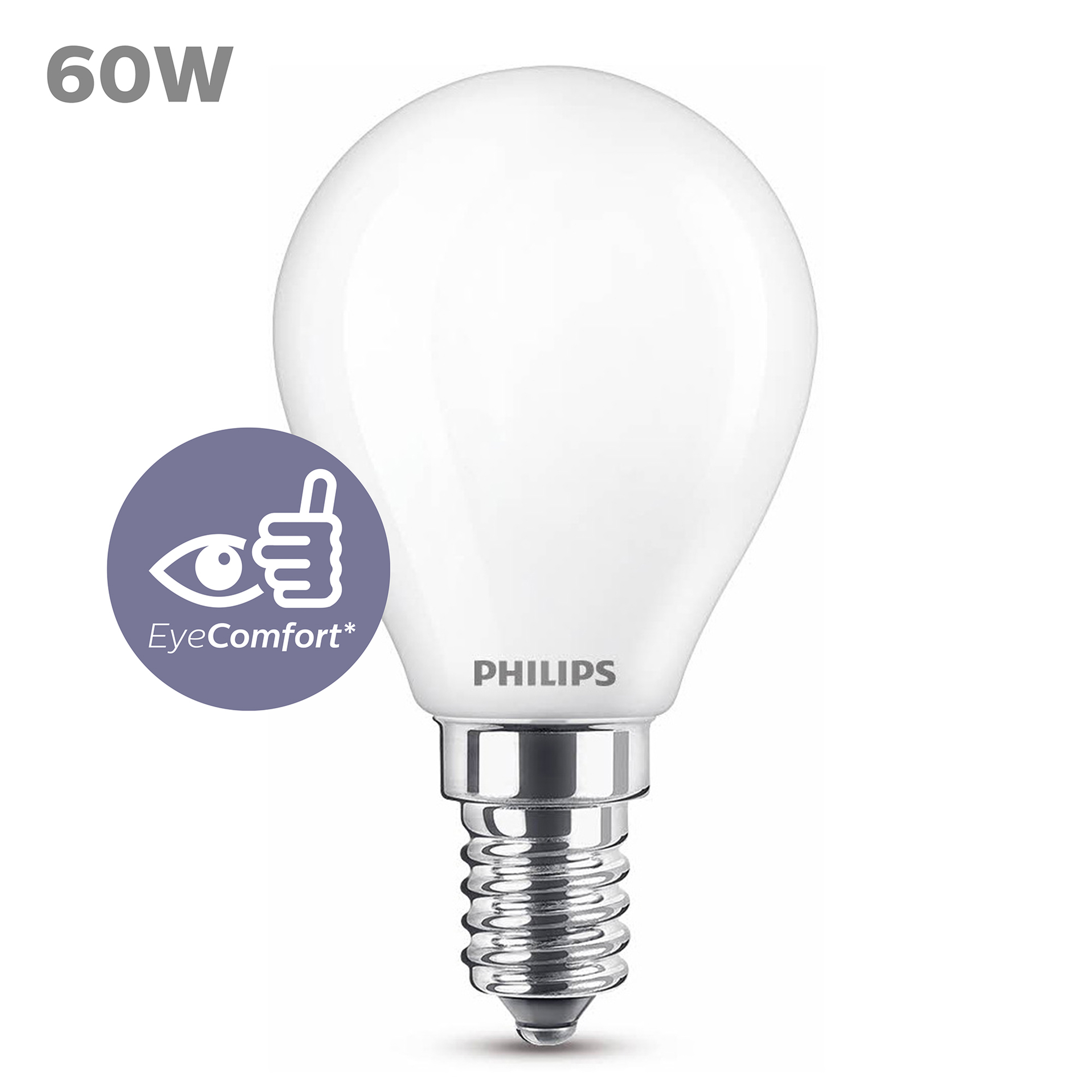 Ampoule blanche Philips 60W, avec le logo et le texte 'EyeComfort'.