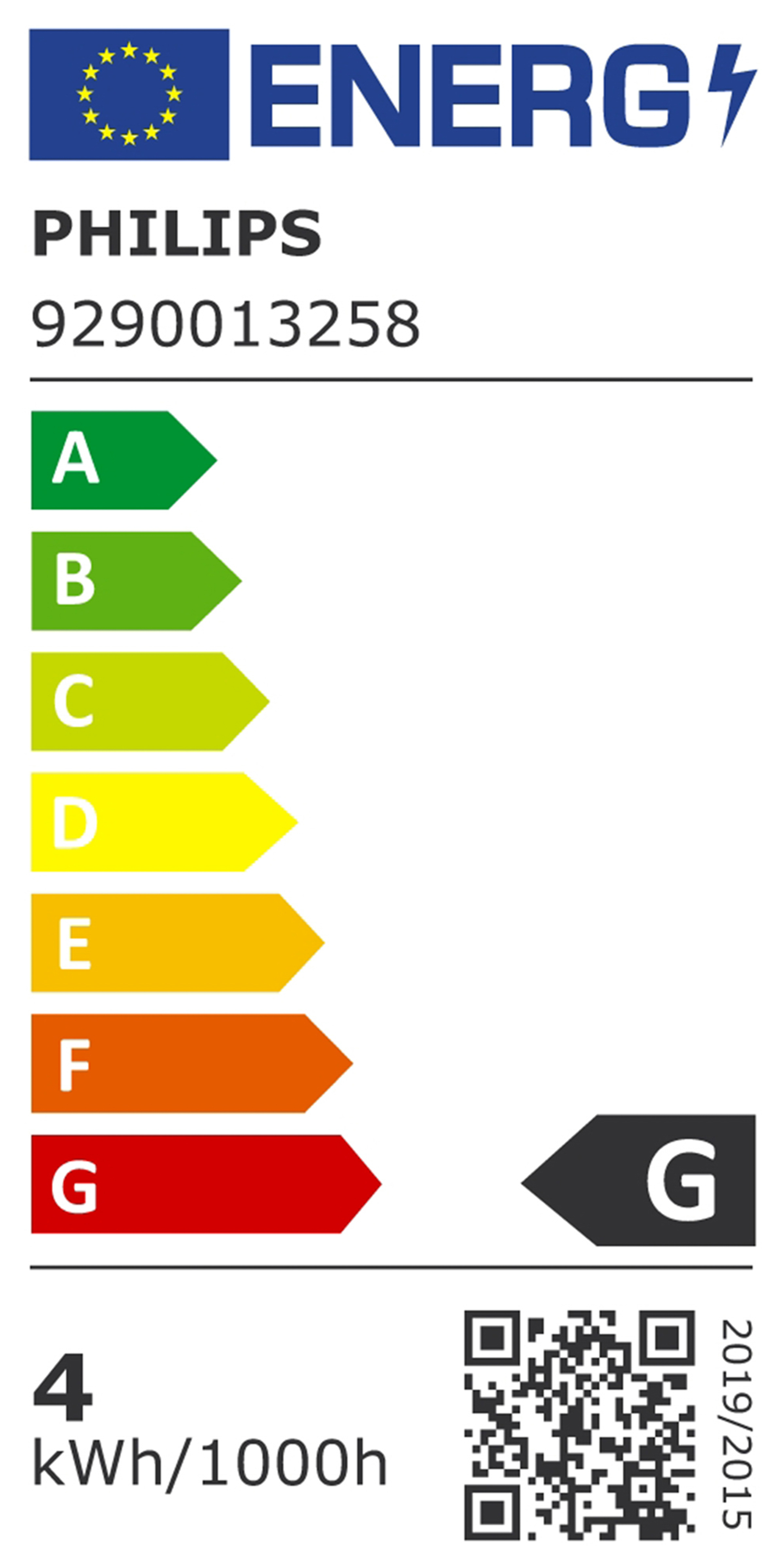 Un'etichetta energetica che mostra l'efficienza energetica di una lampadina. L'etichetta mostra la classe G e il logo Philips.
