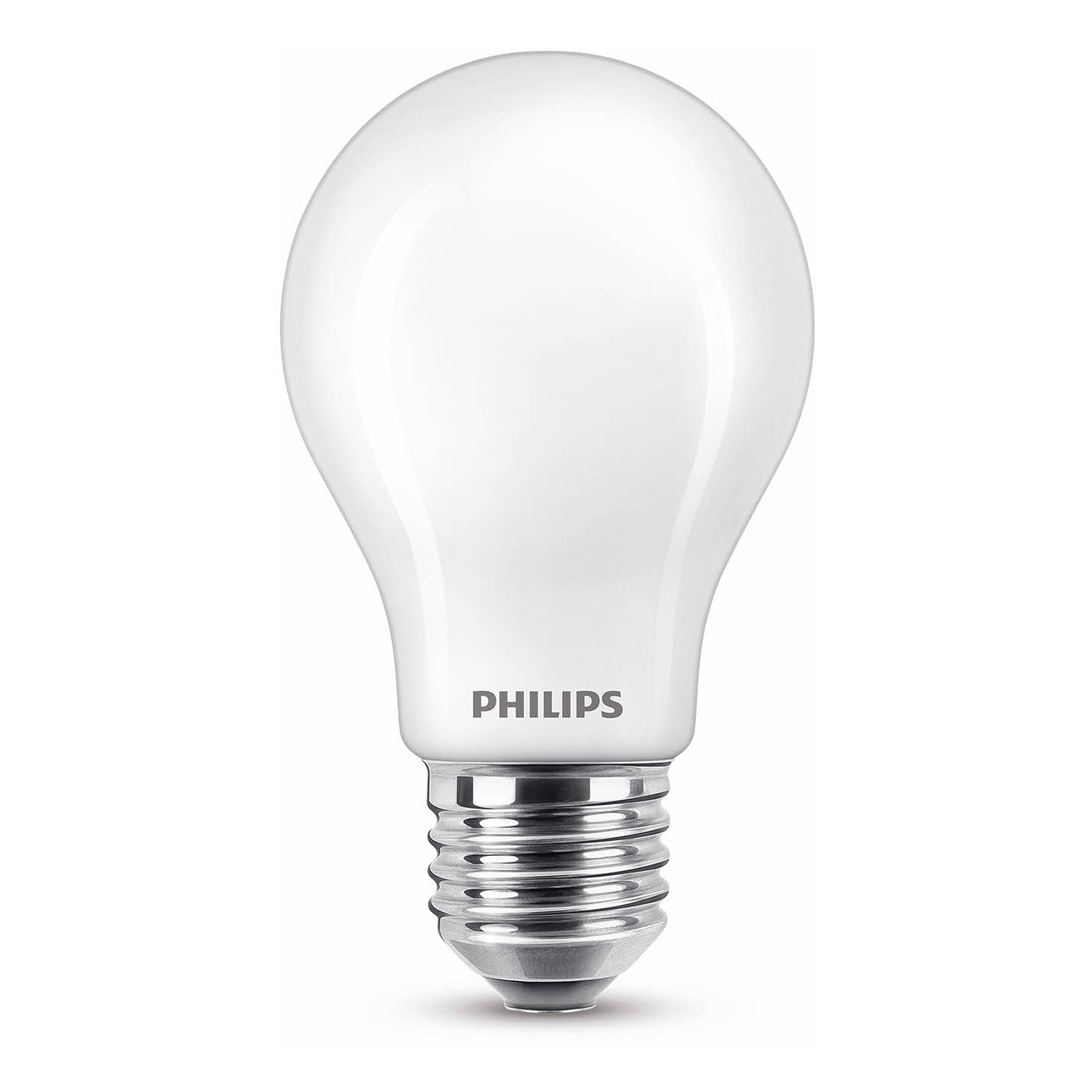 Eine Philips LED-Glühbirne auf weißem Hintergrund. Sie ist birnenförmig mit silbernem Sockel.
