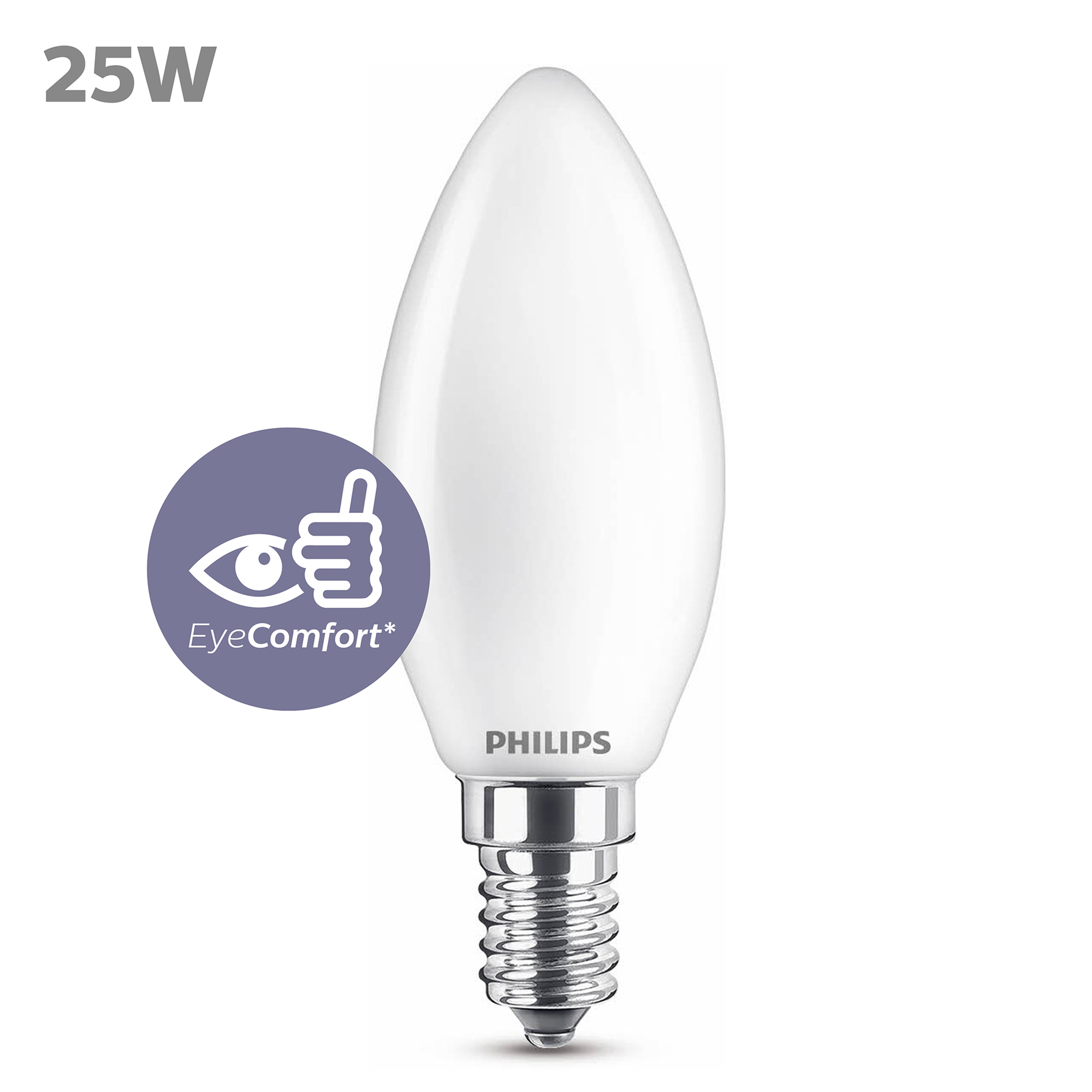 Witte Philips-lamp, kaarsvormig, met een zilveren voet. Er is een logo aanwezig.