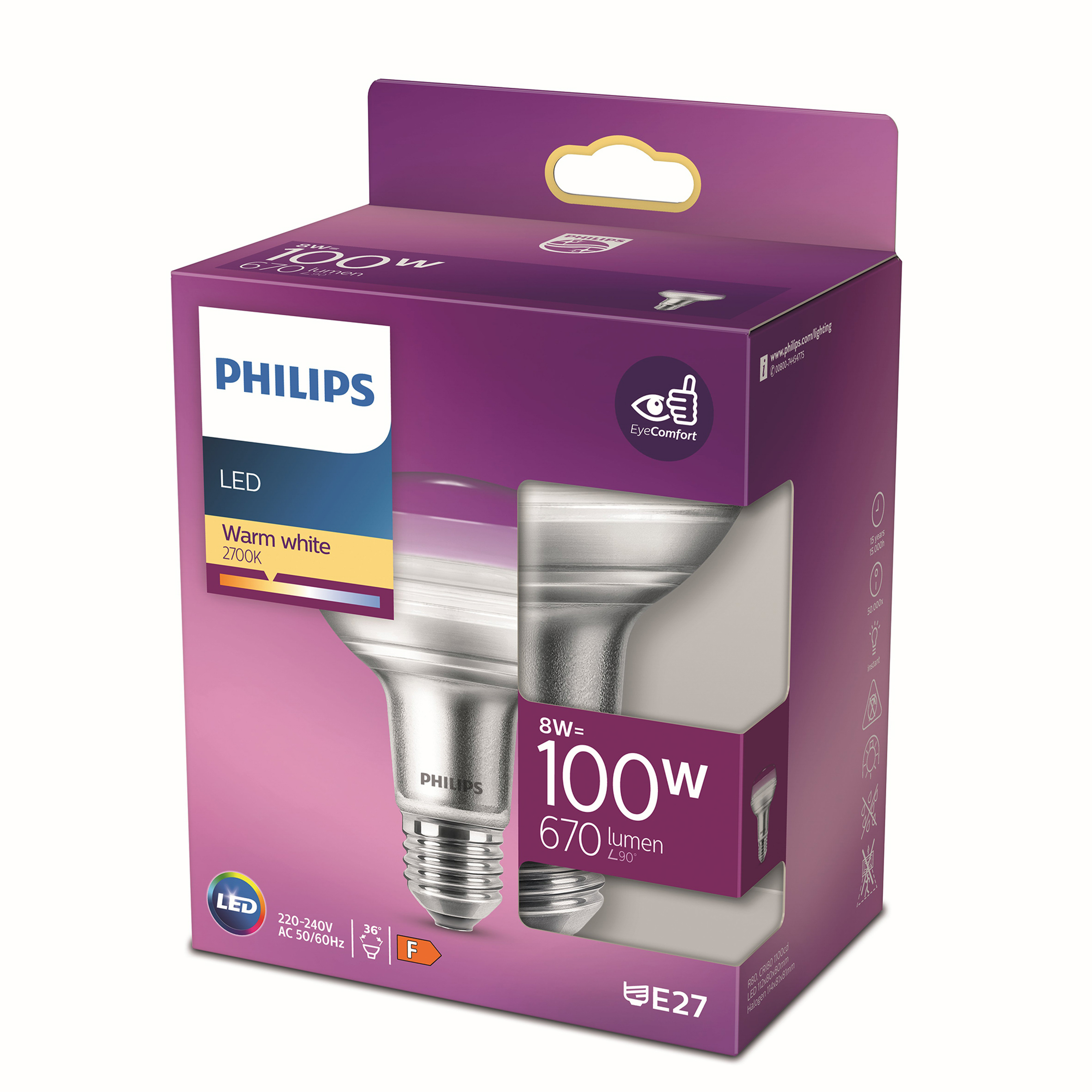Lampadina LED Philips in confezione. Bianco caldo, 2700K, 8W=100W. EyeComfort.